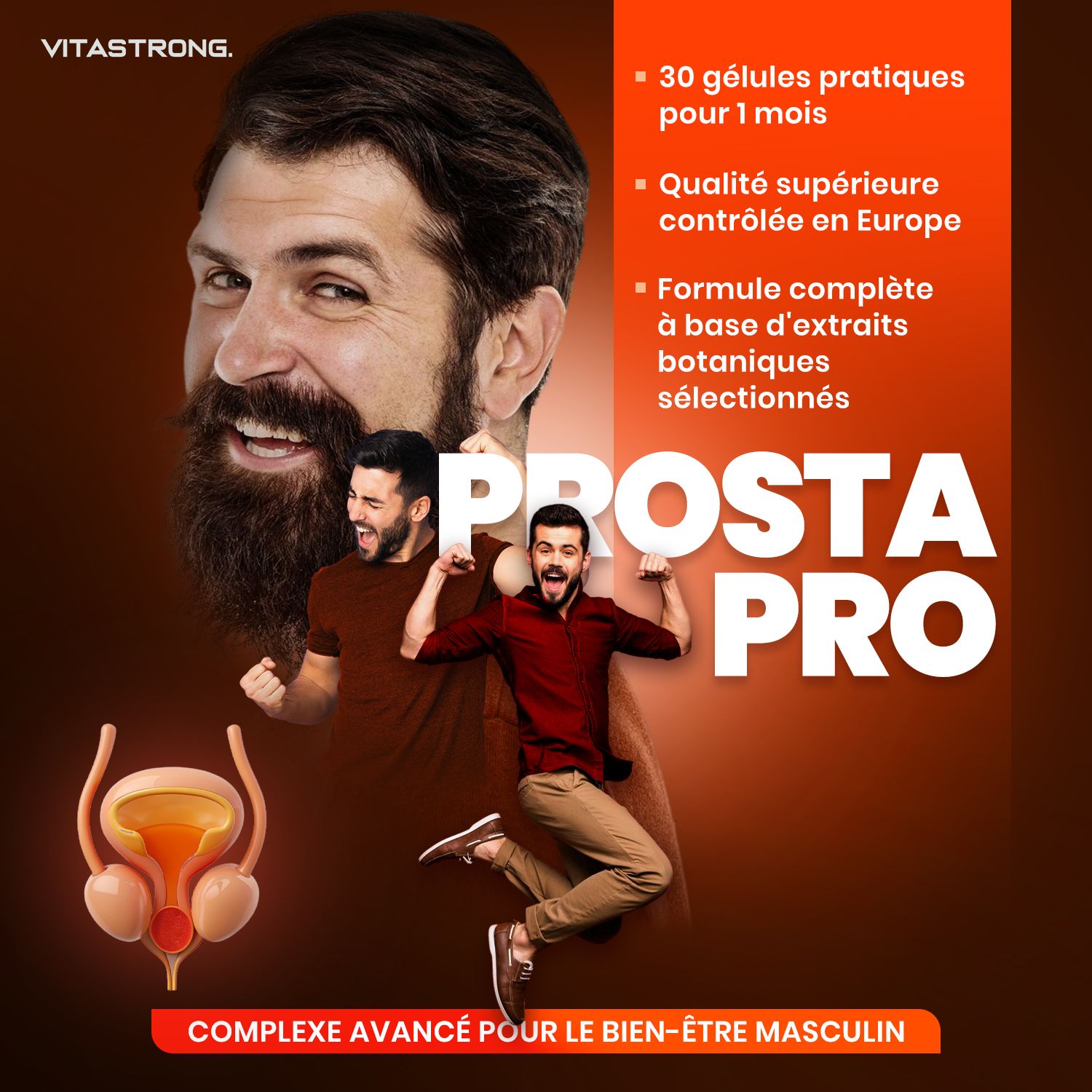 Vitastrong Prosta Pro. Afbeelding met tekst. 30 capsules voor 1 maand. Premium kwaliteit. Met plantenextracten.