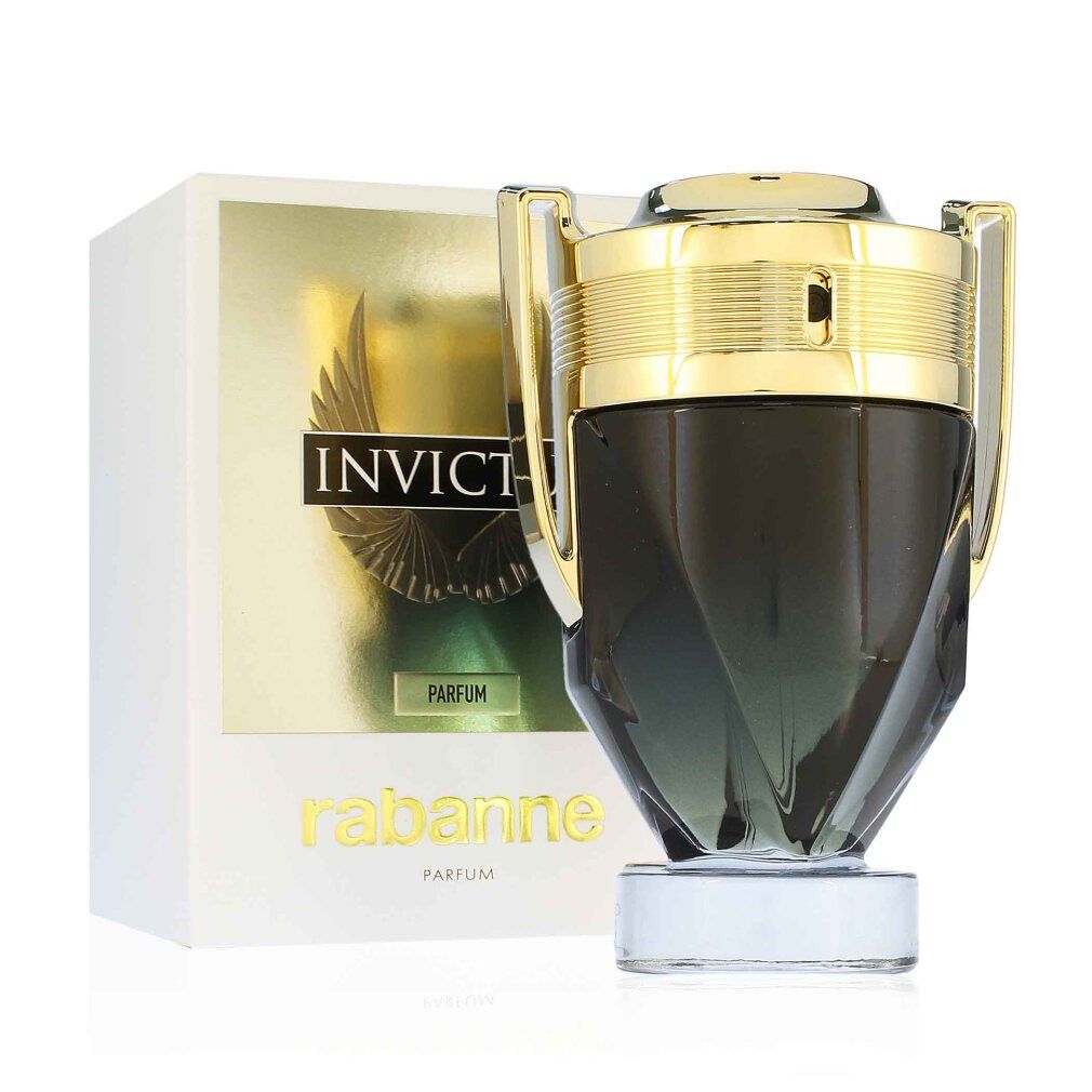 Flacon et emballage Invictus Parfum. Flacon vert foncé, bouchon doré. Emballage blanc avec logo et texte.