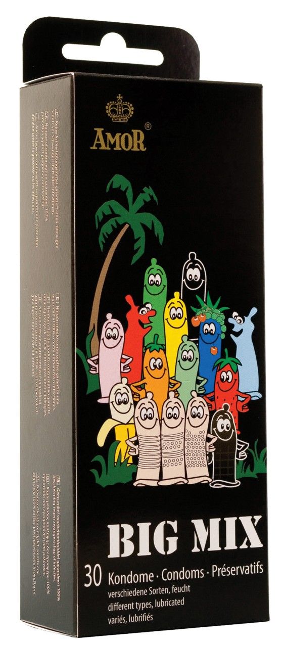 Boîte noire avec AMOR, BIG MIX, 30 préservatifs. Différents types, lubrifiés. Illustration de personnages colorés.
