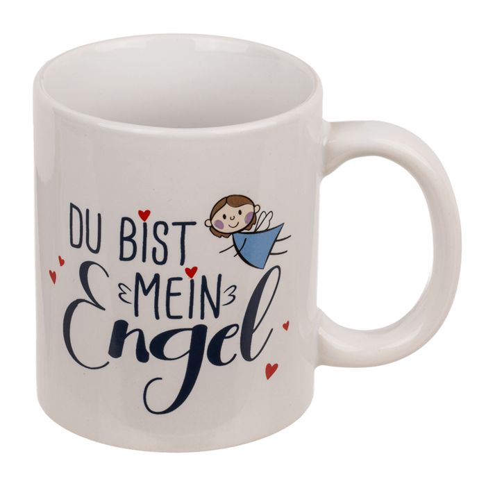 Witte keramische beker met oor. Opschrift: Du bist mein Engel. Engel-illustratie en rode harten.