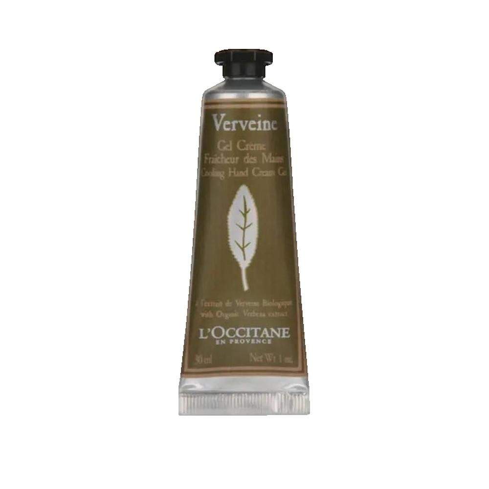 L'Occitane Verveine handcrème in een goudbruine tube met zwarte dop. Toont een bladsymbool en productinformatie.