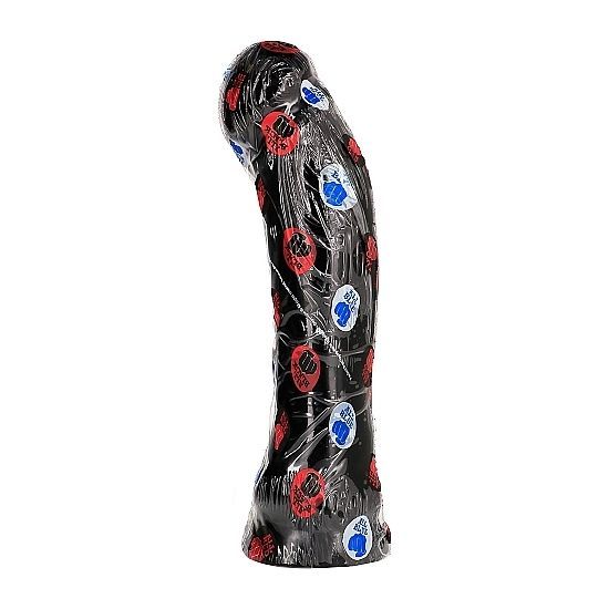 Dildo noir emballé dans un plastique transparent. Emballage avec autocollants rouges et bleus. Forme incurvée.