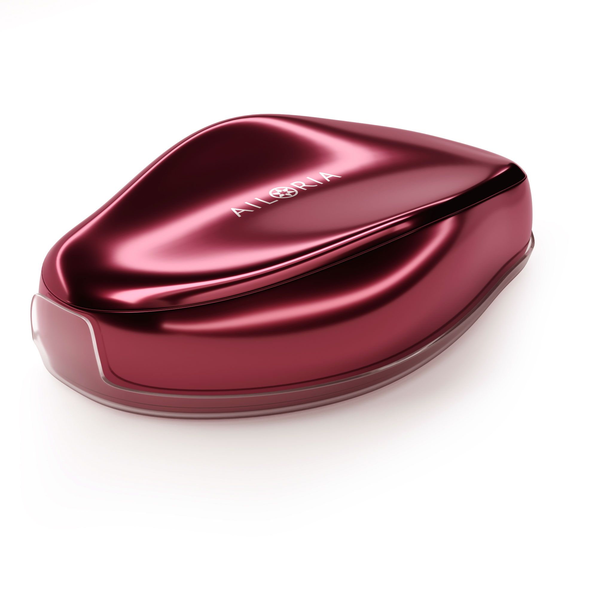 Appareil ovale rouge avec inscription AILORIA. Base transparente. Surface brillante.
