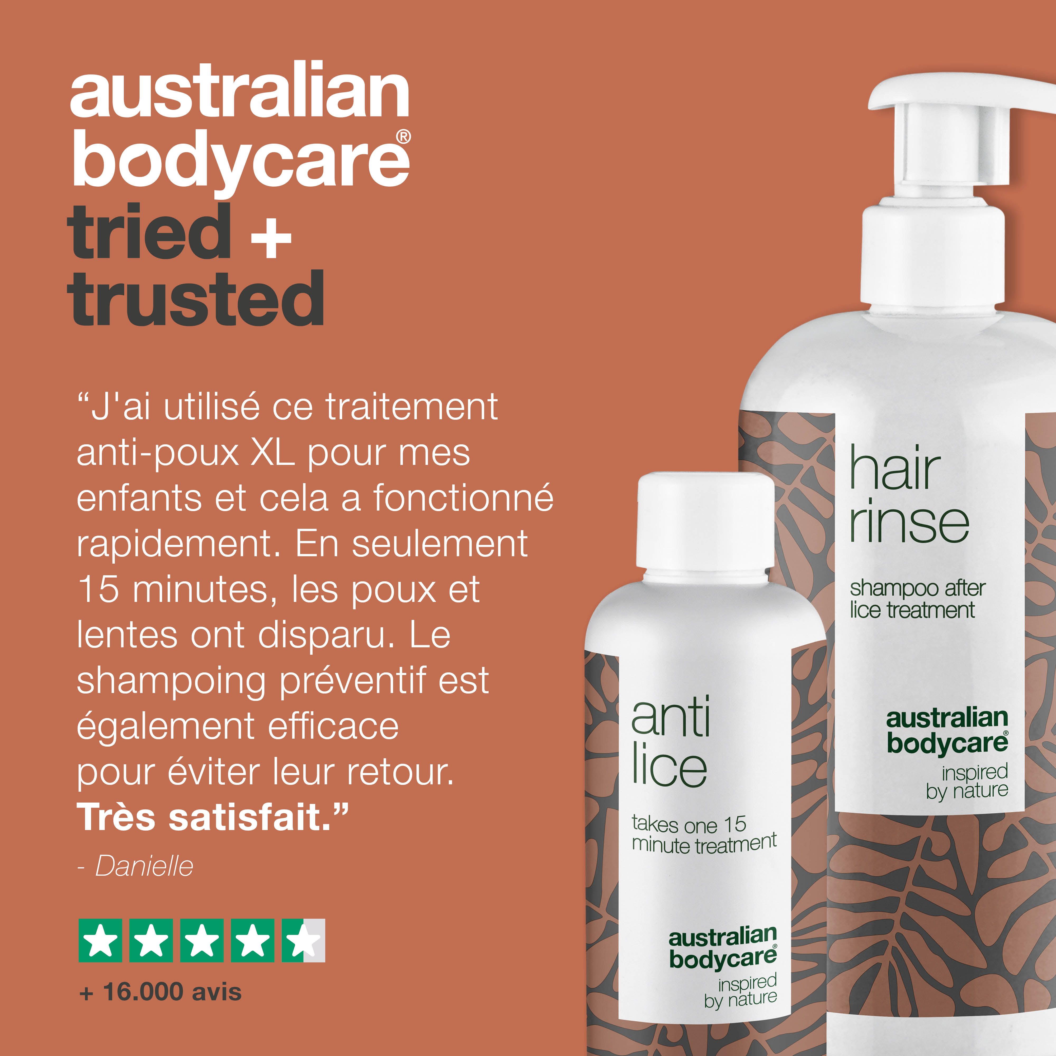 Deux flacons : « hair rinse » et « anti lice ». Marque : Australian Bodycare. Texte : « tried + trusted ».