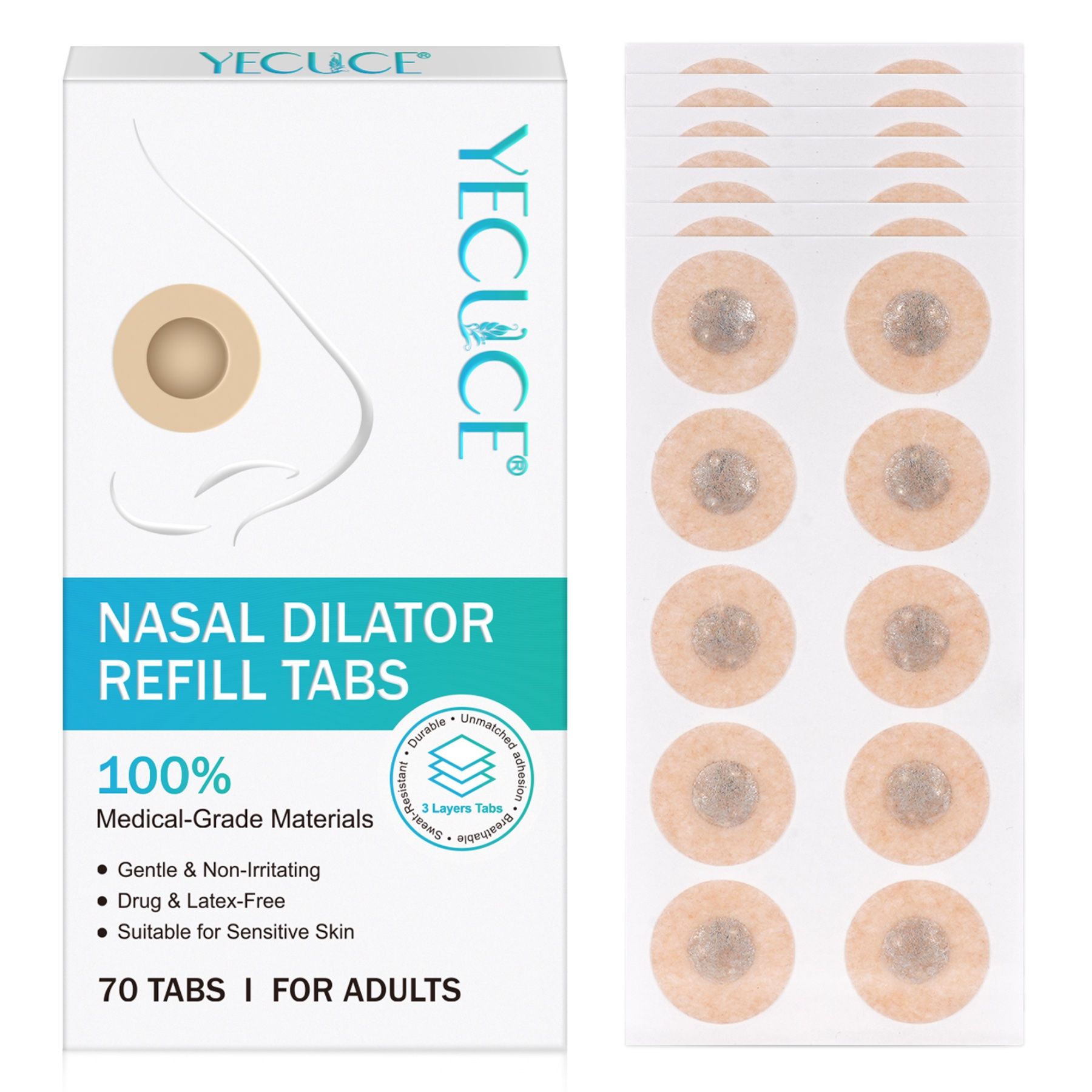 Verpakking met neuspleisters. Bevat 70 tabs. Opschrift: Nasal Dilator Refill Tabs, 100% Medical-Grade Materials.