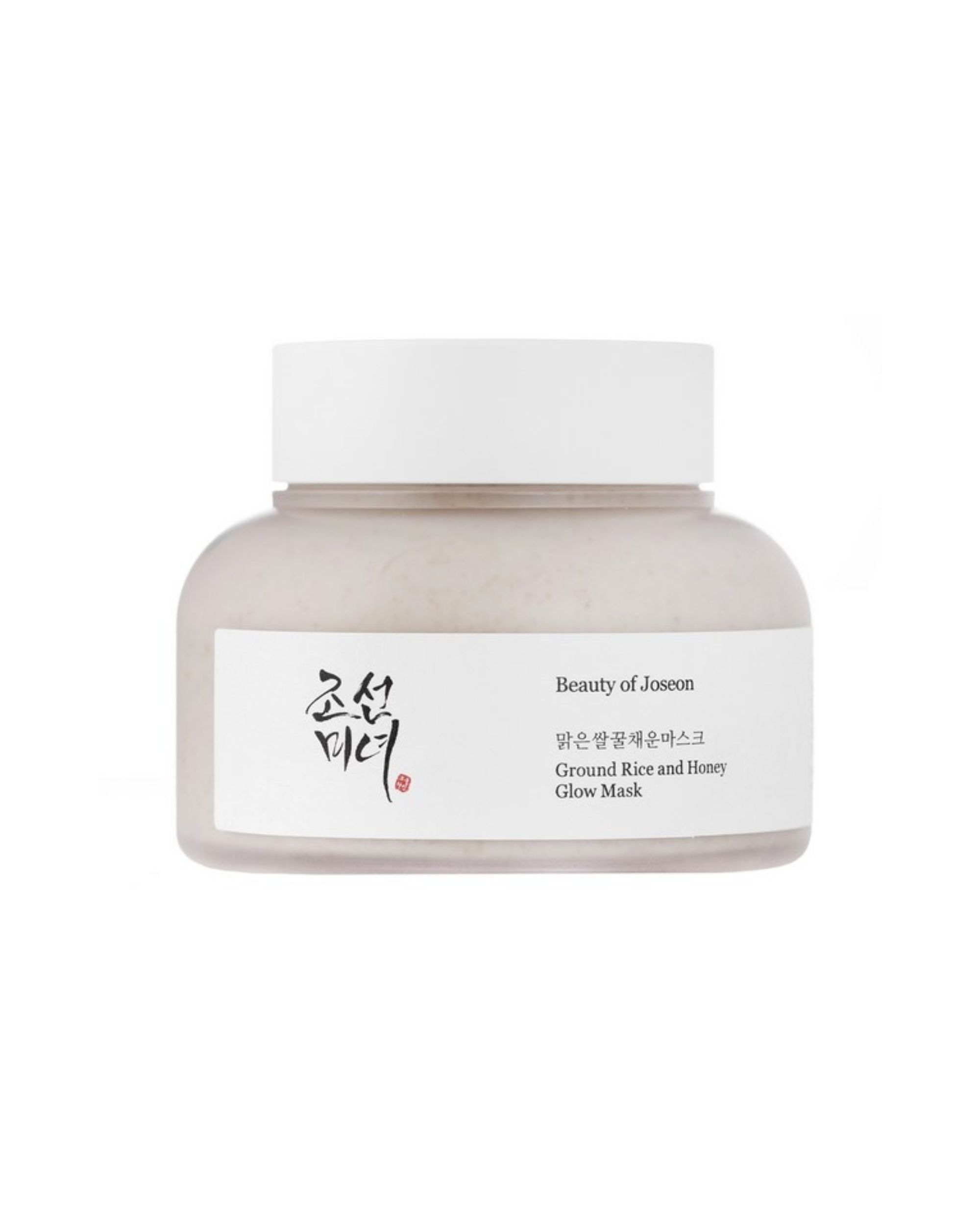Pot blanc avec crème beige. Inscription : Ground Rice and Honey Glow Mask. Marque : Beauty of Joseon.
