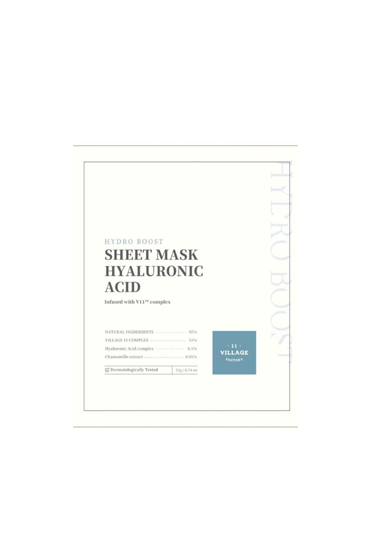 Witte sheetmasker met tekst. Opschrift: Hydro Boost Sheet Mask Hyaluronic Acid. Met ingrediënten en logo.