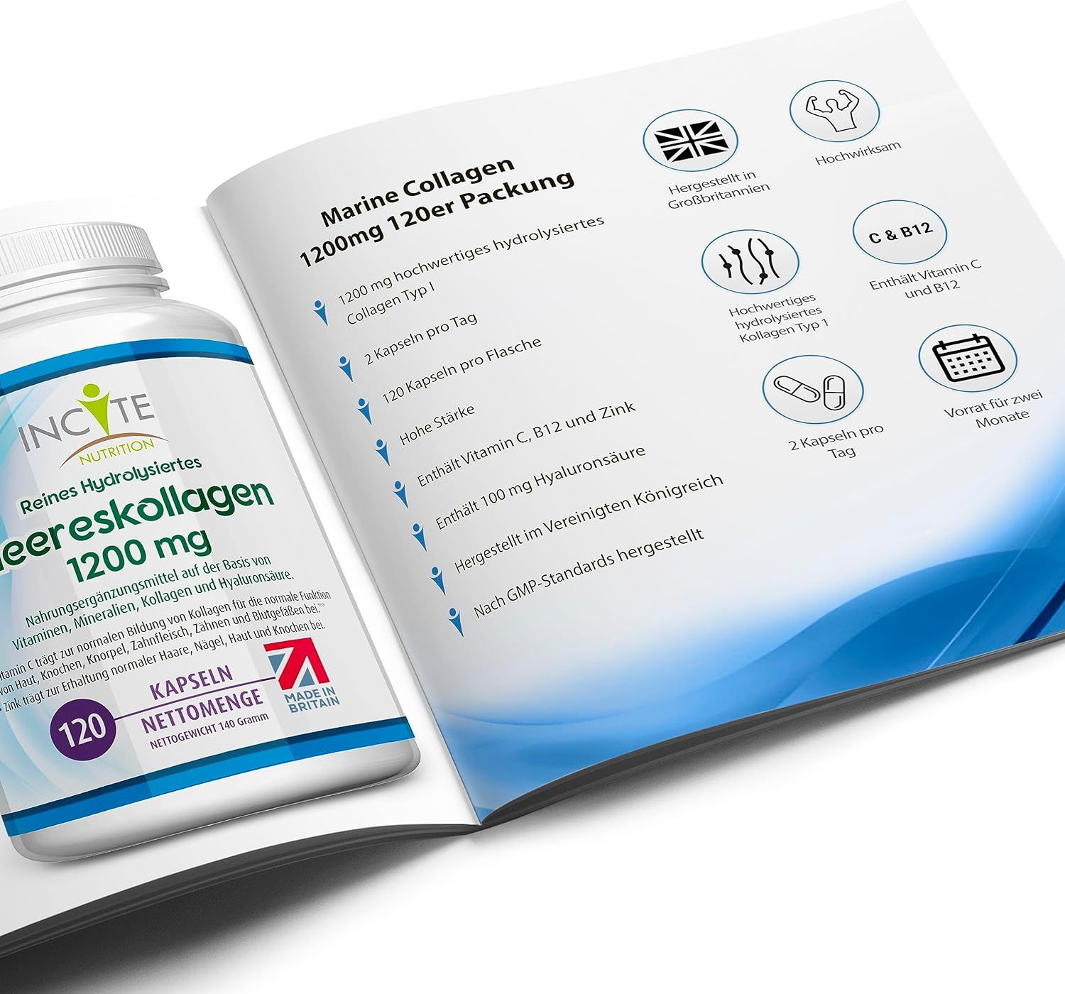 Fles "Meereskollagen 1200 mg" naast brochure. 120 capsules, gehydrolyseerd collageen type I.