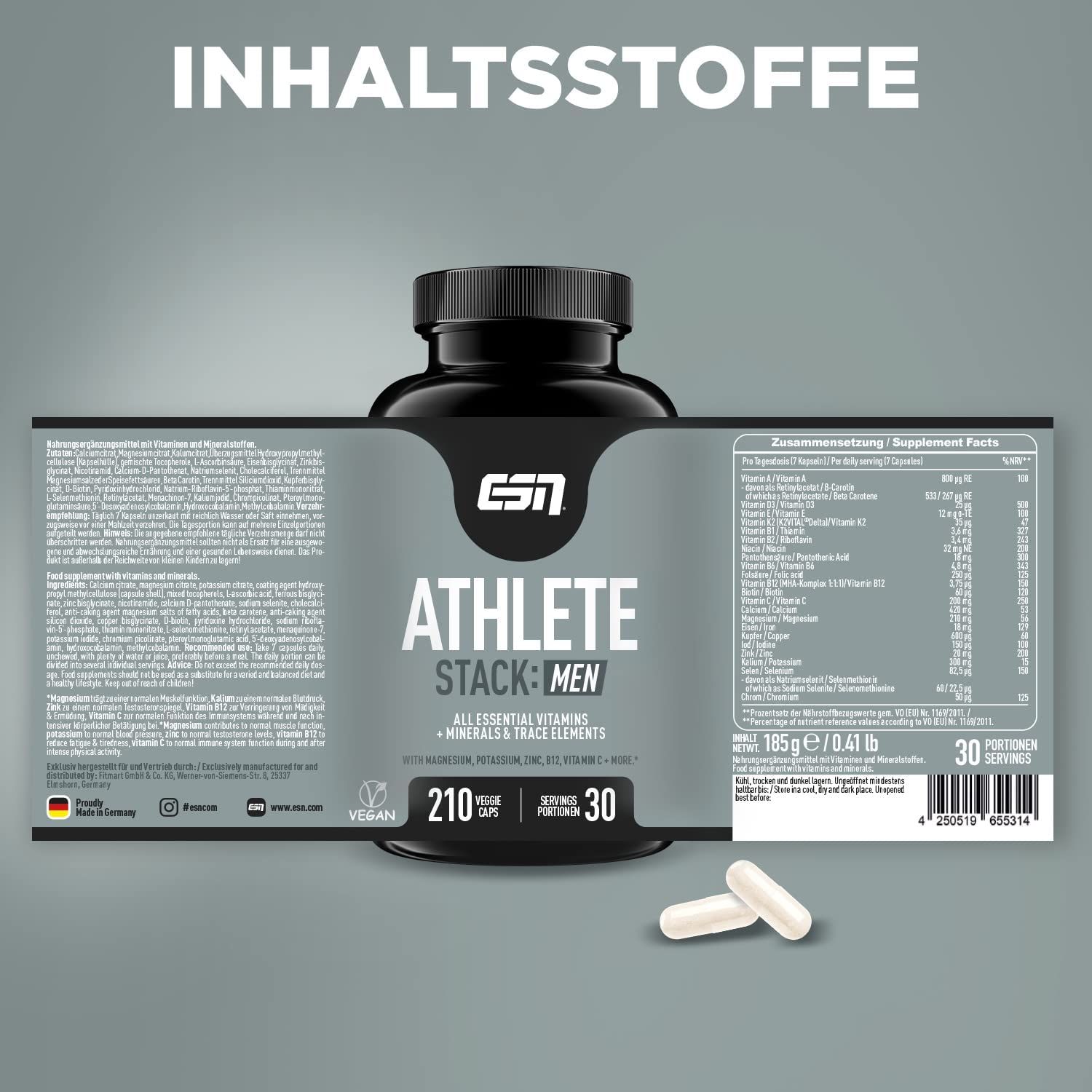 ESN ATHLETE STACK: MEN fles met open etiket. Capsules ernaast. Ingrediënten en voedingswaarde-informatie.