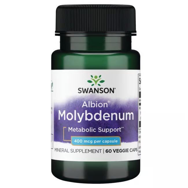 Flacon vert avec bouchon noir. Étiquette "SWANSON Albion Molybdène", 400 mcg par capsule. 60 gélules végétales.