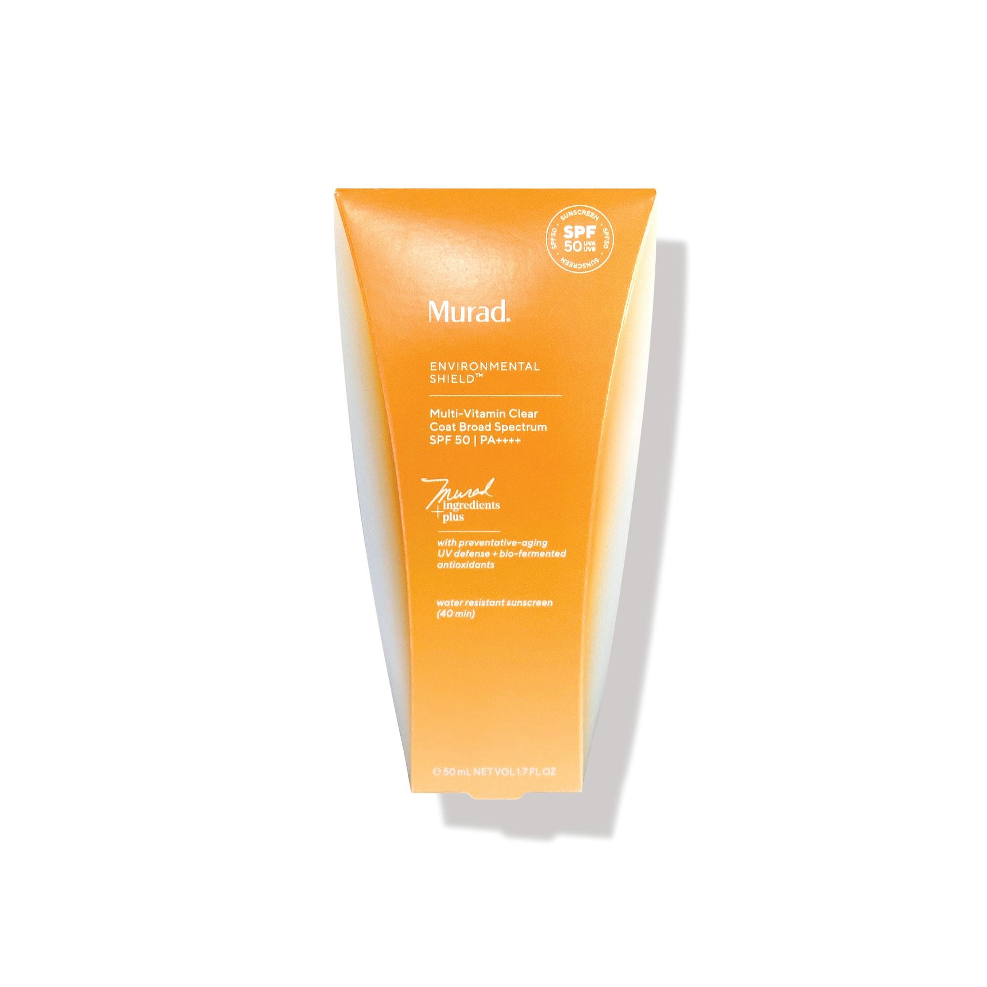 Tube orange avec informations produit. "Murad" et "SPF 50" visibles. Protection environnementale.