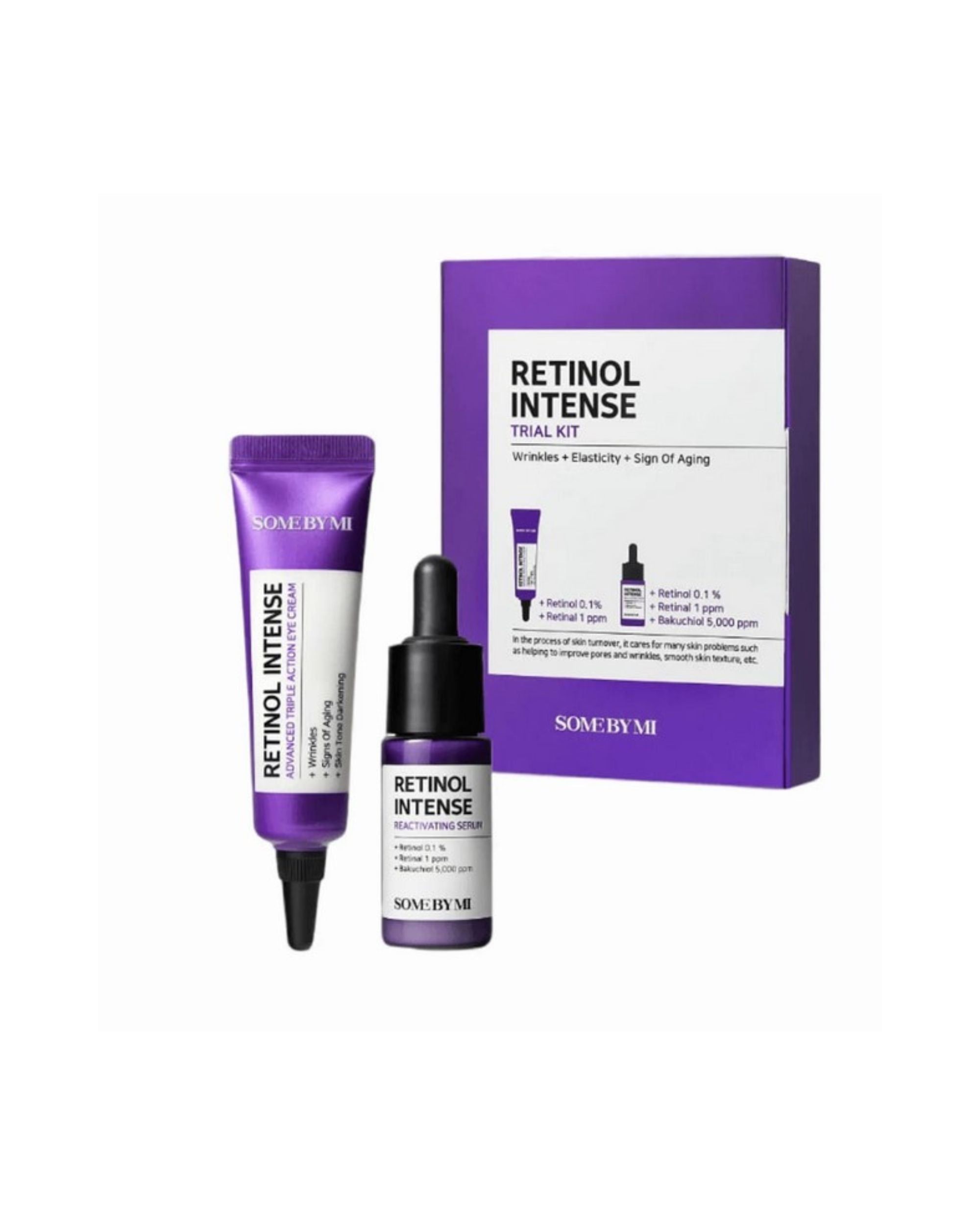 Kit d'essai avec crème pour les yeux et sérum. Emballage violet avec texte RETINOL INTENSE. Contient un tube, une bouteille et une boîte.