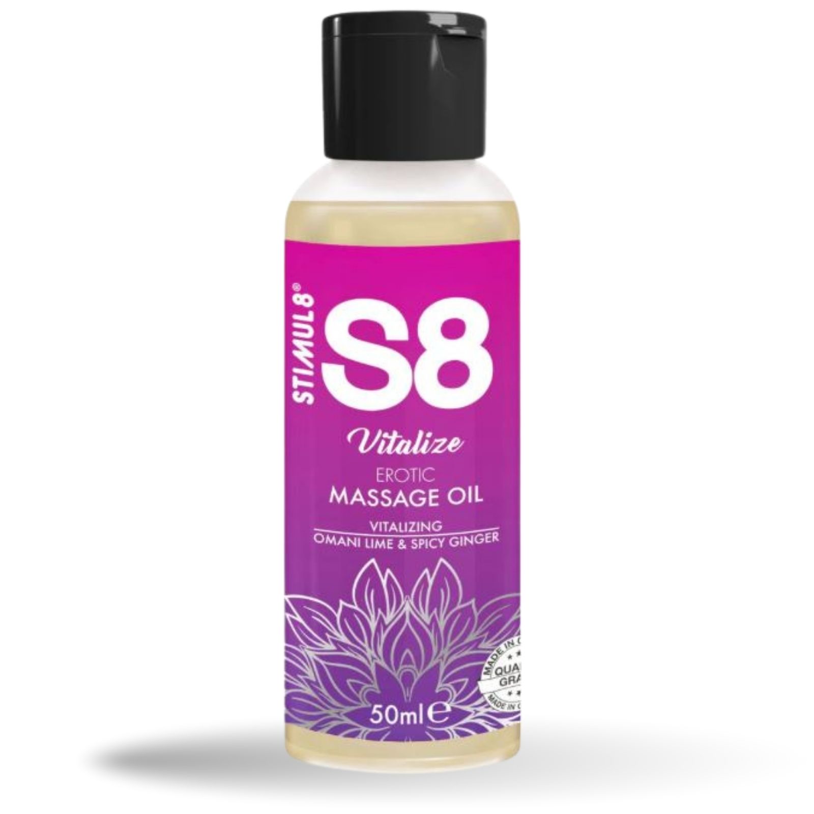 Massageoliefles met zwarte dop. Opschrift: S8 Vitalize Erotic Massage Oil. 50ml.