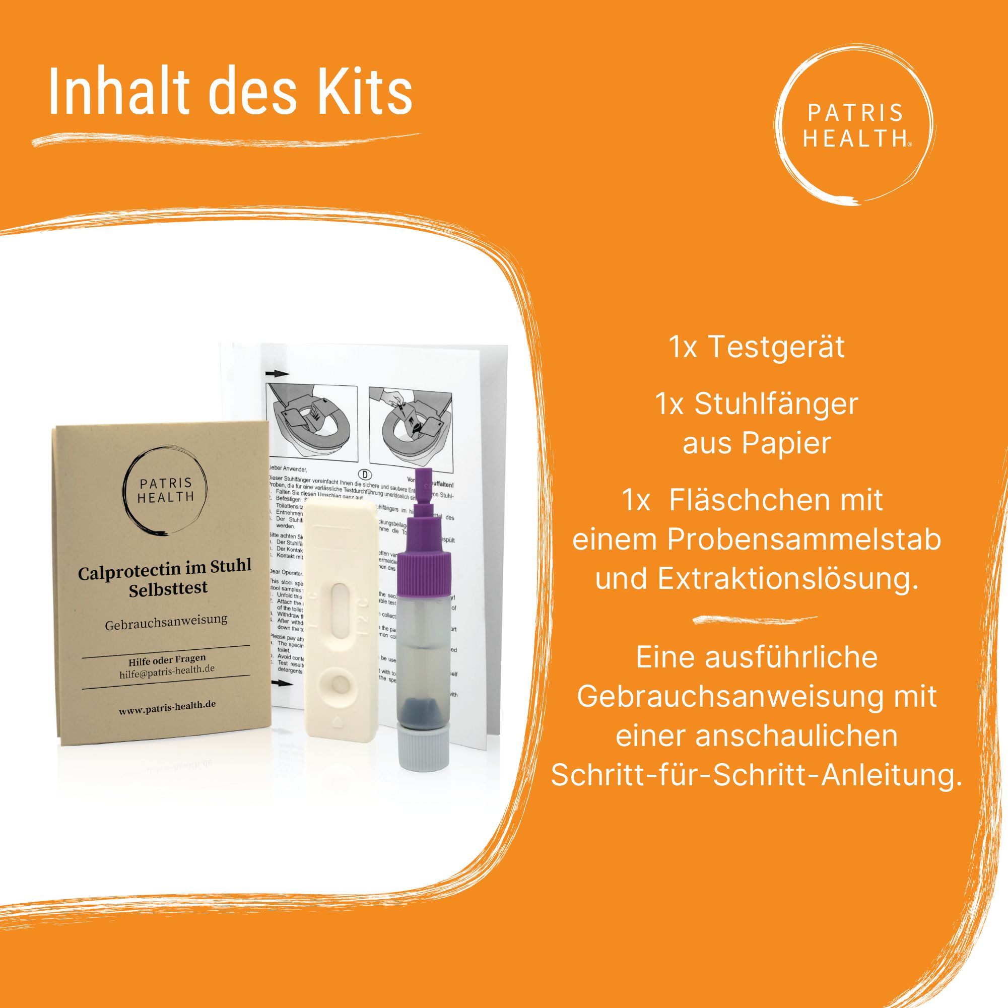 Inhoud van de kit: testapparaat, stoelopvanger, flesje met staafje en instructies. Patris Health logo.