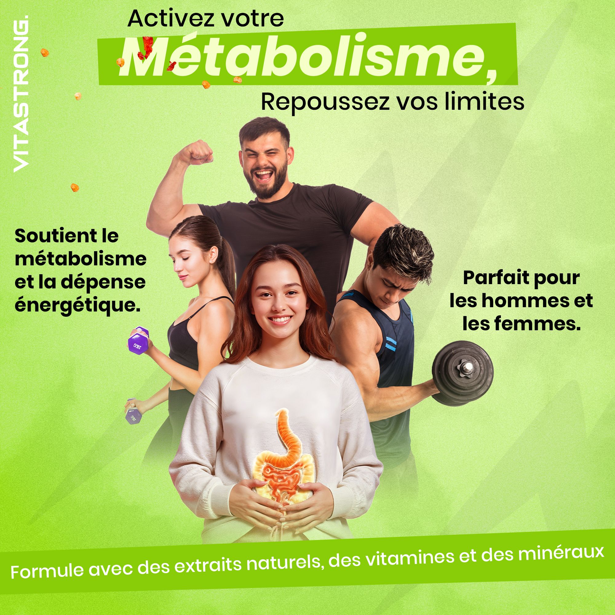 Vitastrong Z-F Fat Burner. Fles met mensen die sporten. Ondersteunt de stofwisseling.