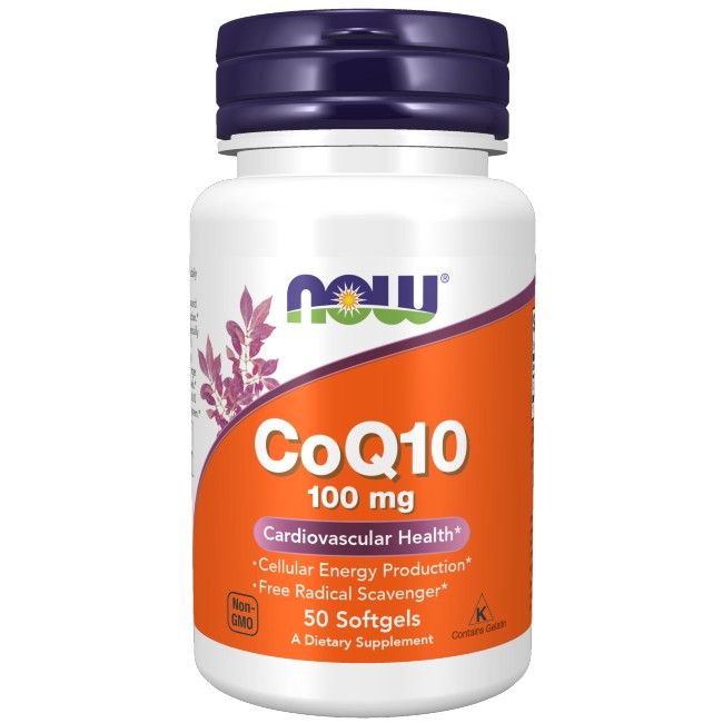 Witte fles met paarse dop. Oranje etiket met productnaam en dosering. Tekst: CoQ10, 100 mg, 50 softgels.