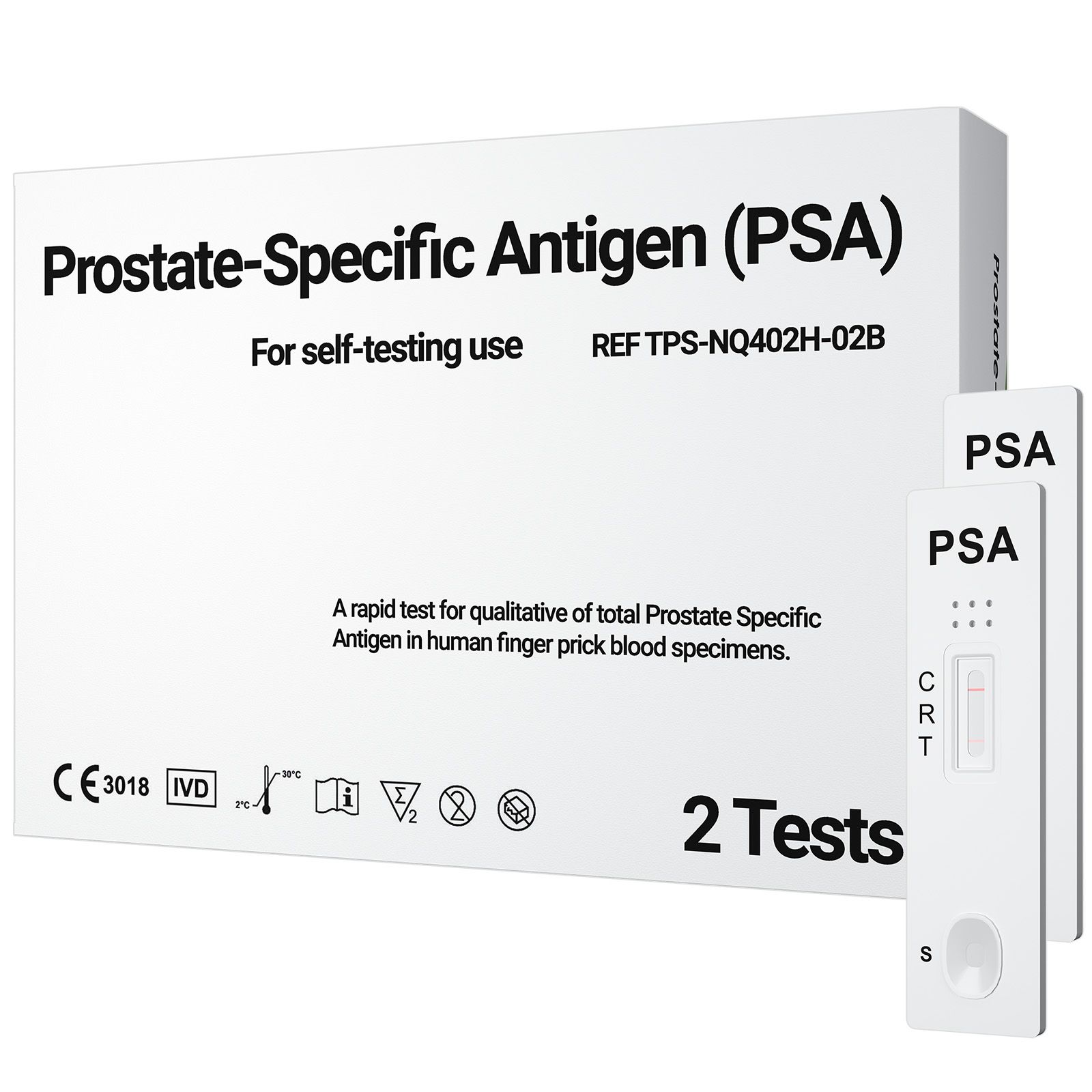 Boîte de test PSA avec deux tests. Texte: Prostate-Specific Antigen (PSA). Pour autotest. Deux cassettes.