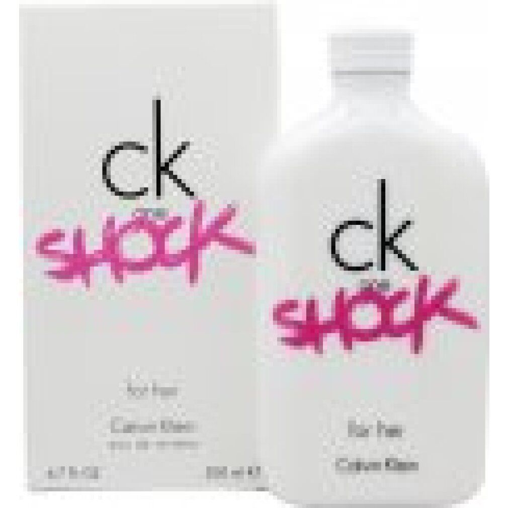 Flacon et boîte blancs. Inscription: ck one Shock for her. Écriture rose. 200 ml.