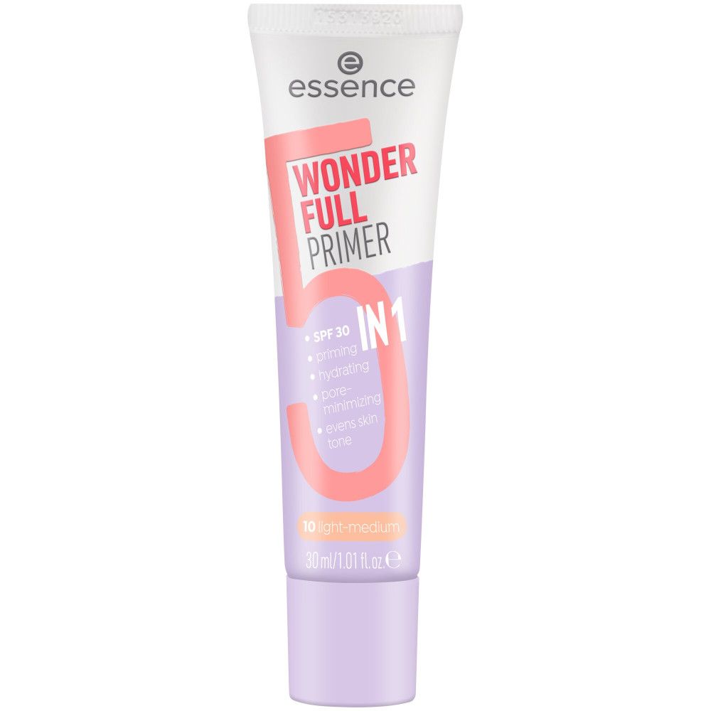 Tube de primer Essence Wonder Full 5-en-1. Contient SPF 30. Texte: 10 light-medium. 30ml/1.01 fl.oz.