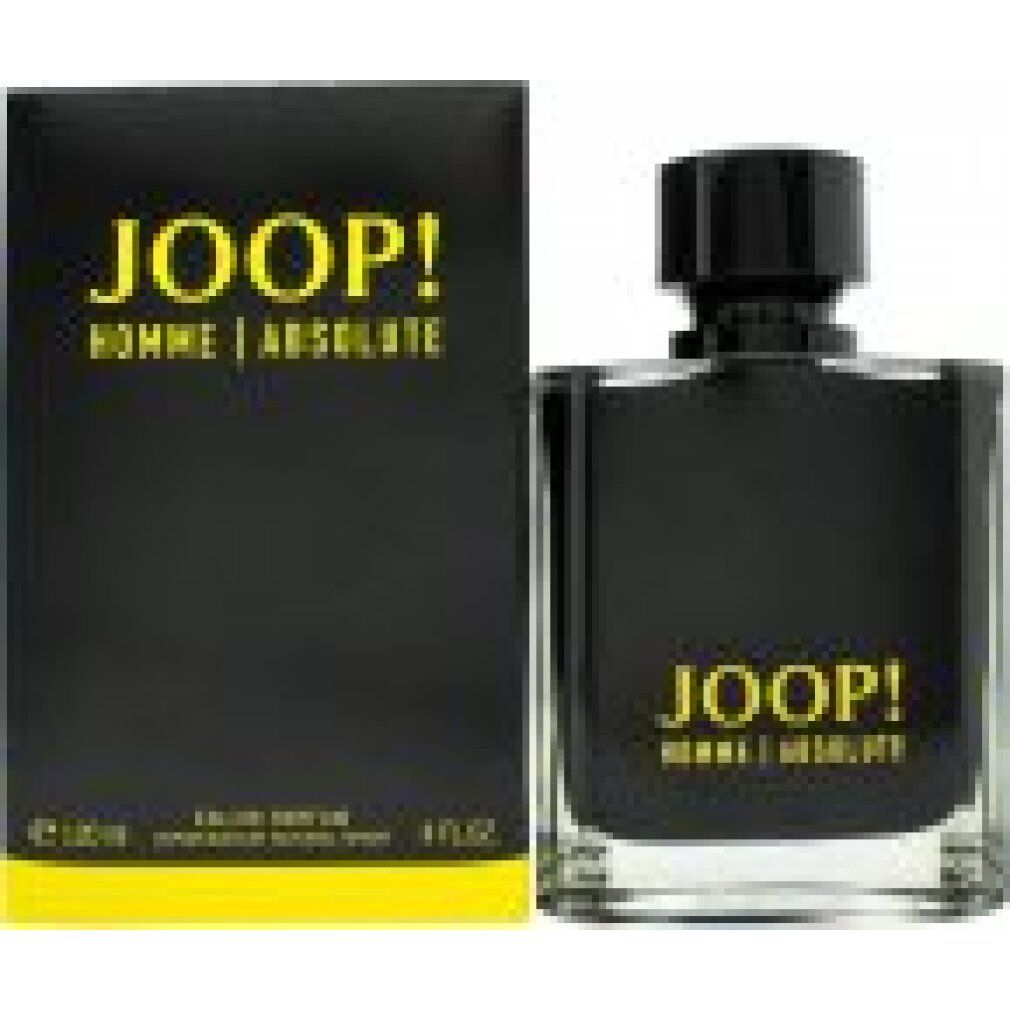 Boîte noire et flacon. Inscription jaune JOOP! HOMME | ABSOLUTE. Flacon: noir, rectangulaire. Boîte: accents jaunes.