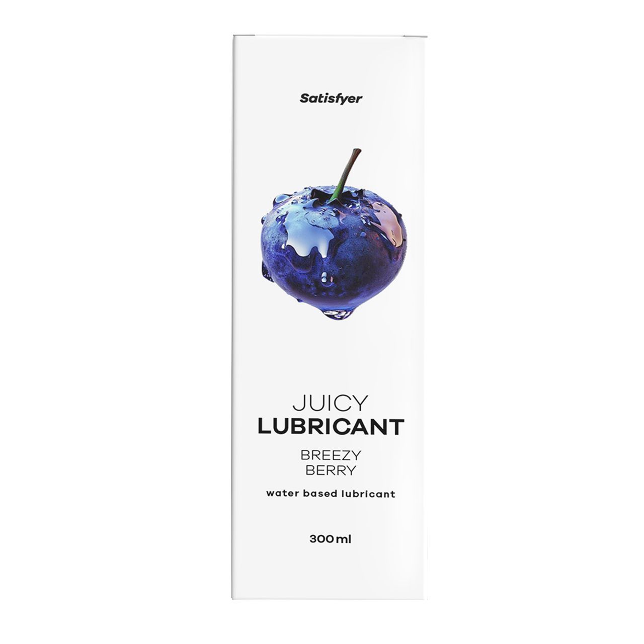 Wit product met blauw bessenmotief. Bovenin "Satisfyer". Daaronder "JUICY LUBRICANT", "BREEZY BERRY" en "water based lubricant". 
