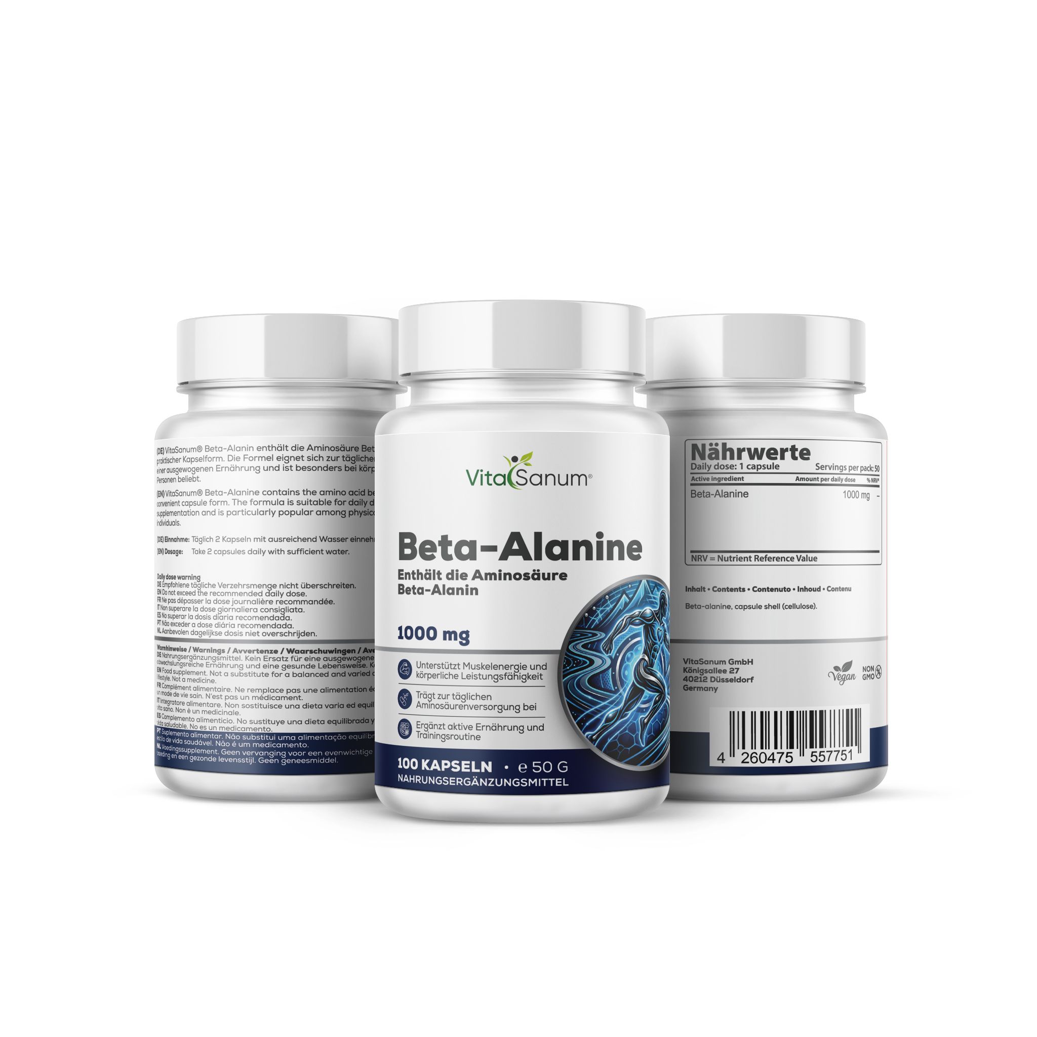 VitaSanum Beta-Alanine capsules: Drie potjes met 100 vegane capsules, 1000 mg beta-alanine per dagelijkse portie.