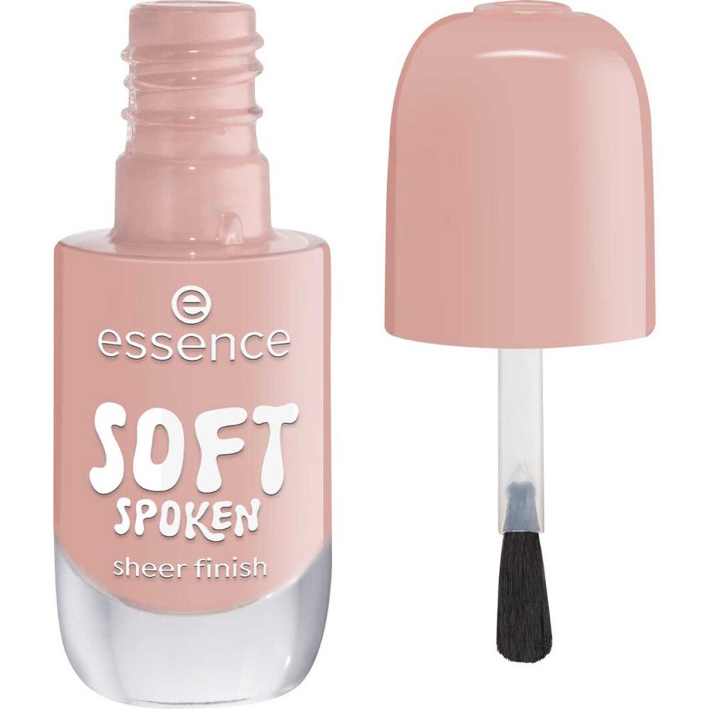 Flacon de vernis à ongles ouvert avec pinceau. Teinte rose, inscription "essence SOFT SPOKEN sheer finish".