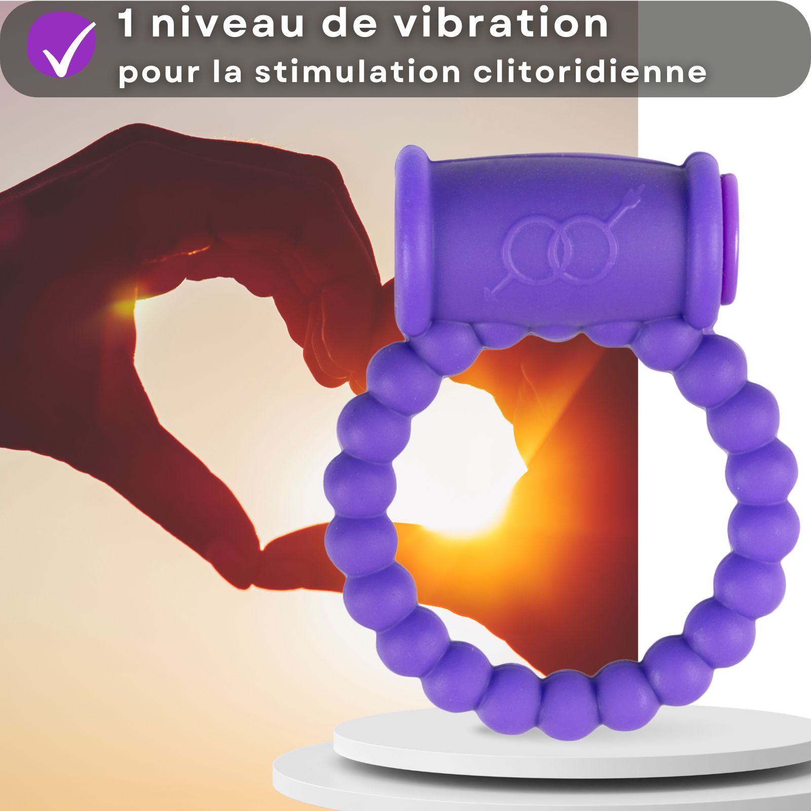Anneau pénien devant coucher de soleil, texte: 1 niveau de vibration pour stimulation clitoridienne.