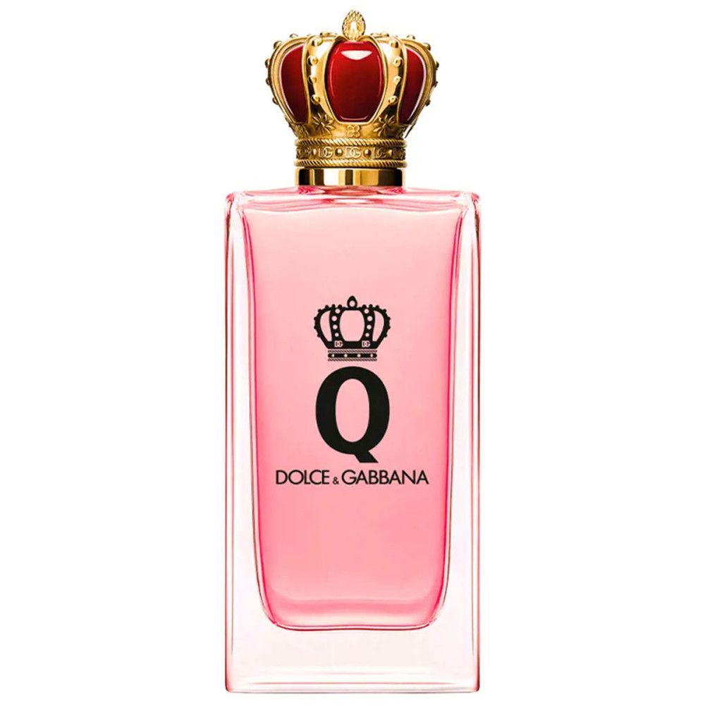 Q by Dolce&Gabbana Eau de Parfum. Roze fles met gouden kroon. Zwart logo en tekst.