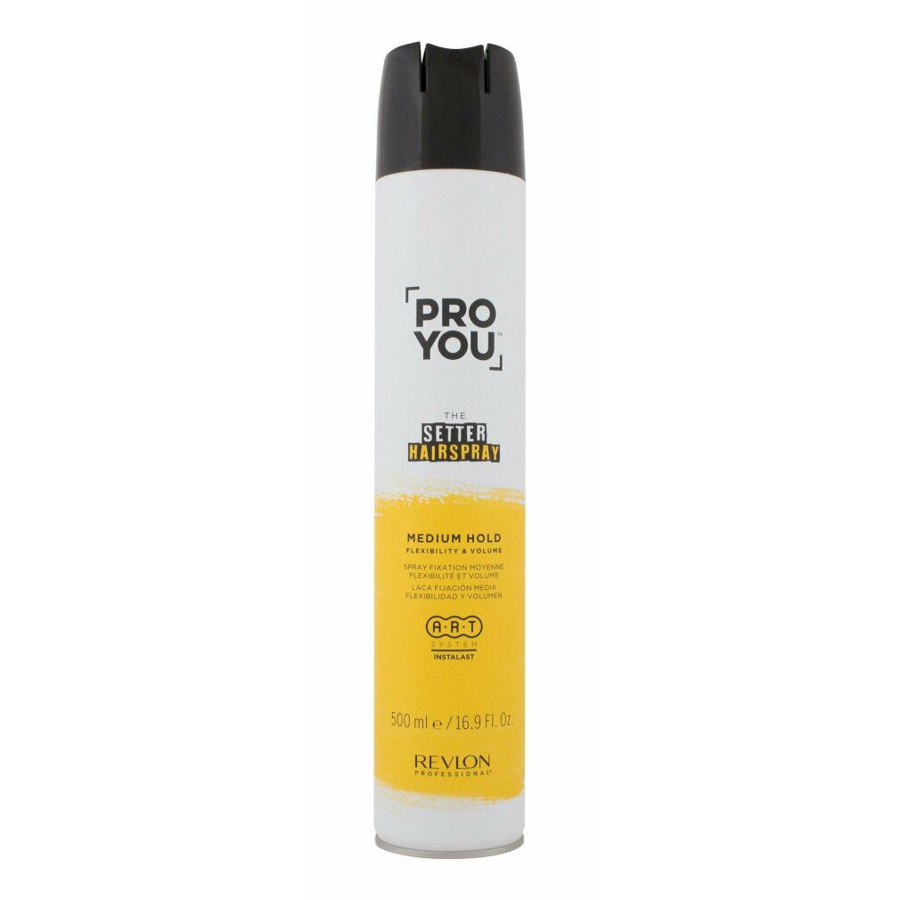 Bombe de laque blanche et noire. Inscription: PRO YOU, THE SETTER HAIRSPRAY, MEDIUM HOLD. Zone jaune avec texte et logo.