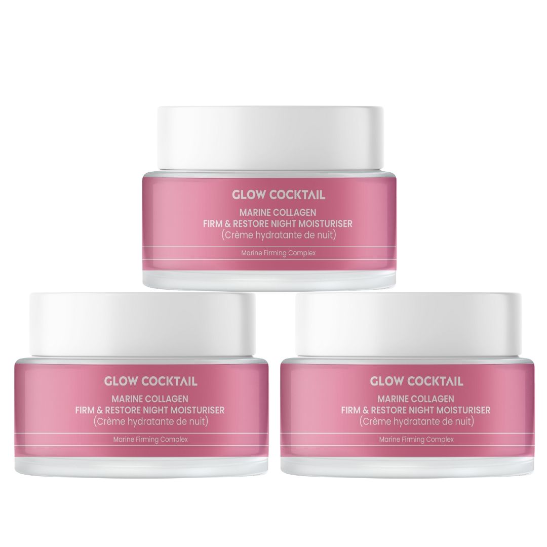 Drie potten nachtcrème. Roze etiket met tekst: GLOW COCKTAIL, MARINE COLLAGEN, FIRM & RESTORE NIGHT MOISTURISER.