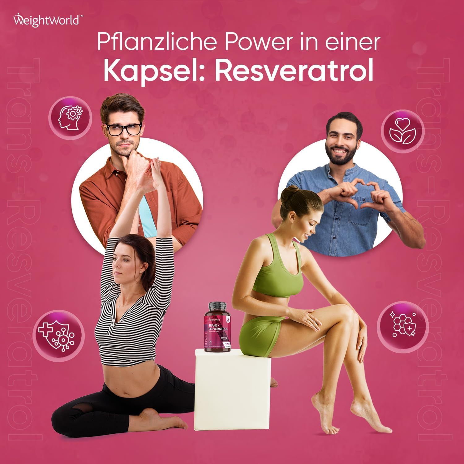 Image promotionnelle avec personnes et produit. Flacon Trans-Resvératrol sur cube. Personnes font des gestes. Fond rose.