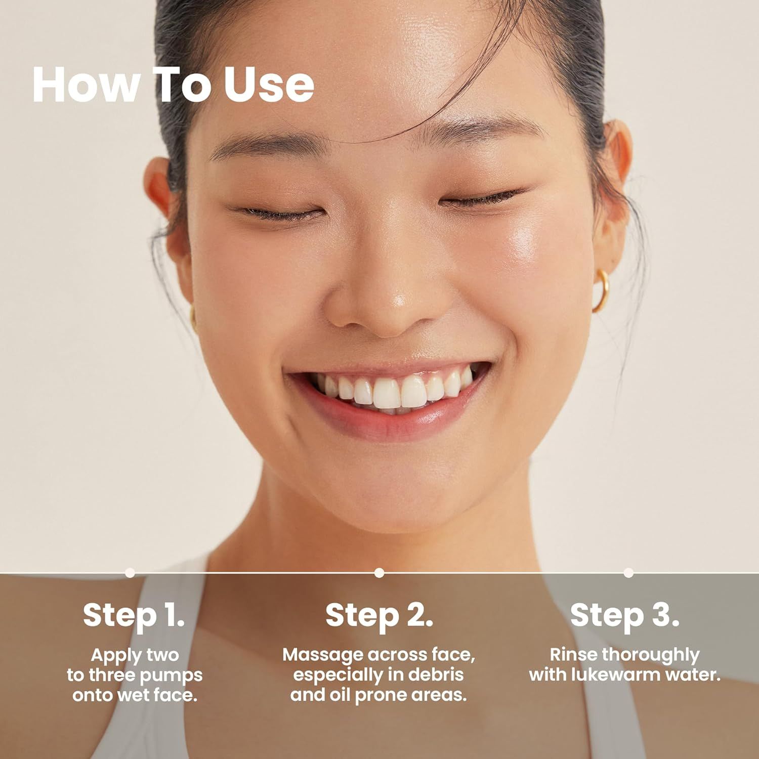 Femme aux yeux fermés. Étapes : 1. Appliquer, 2. Masser, 3. Rincer. Texte : How To Use.