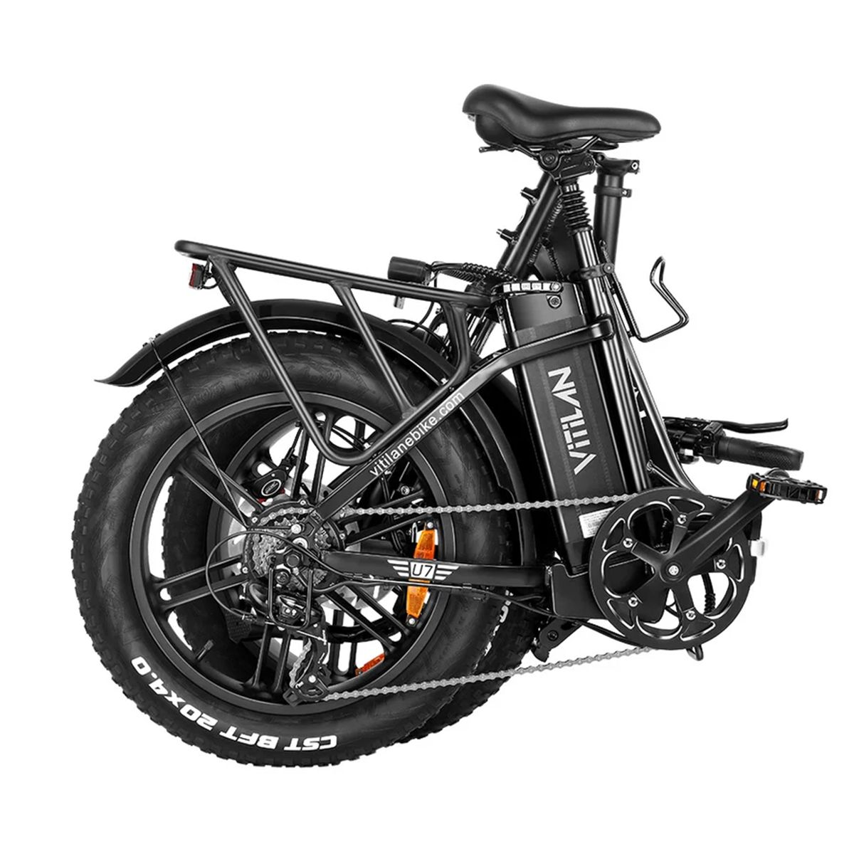 E-bike noir plié, pneus larges. Marque Vitilan. Porte-bagages, feu arrière, batterie et détails mécaniques.