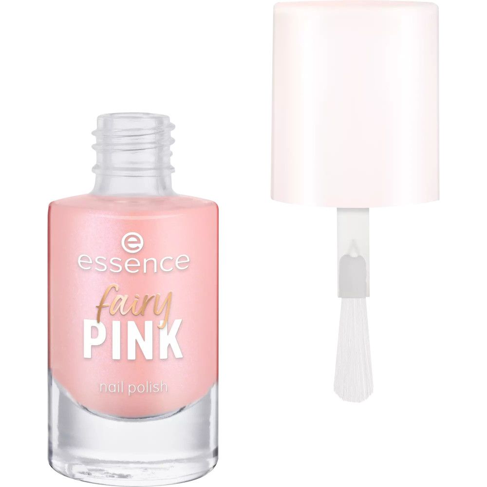 Nagellakfles met roze inhoud, ernaast penseel met witte steel. Opschrift: essence fairy PINK nail polish.