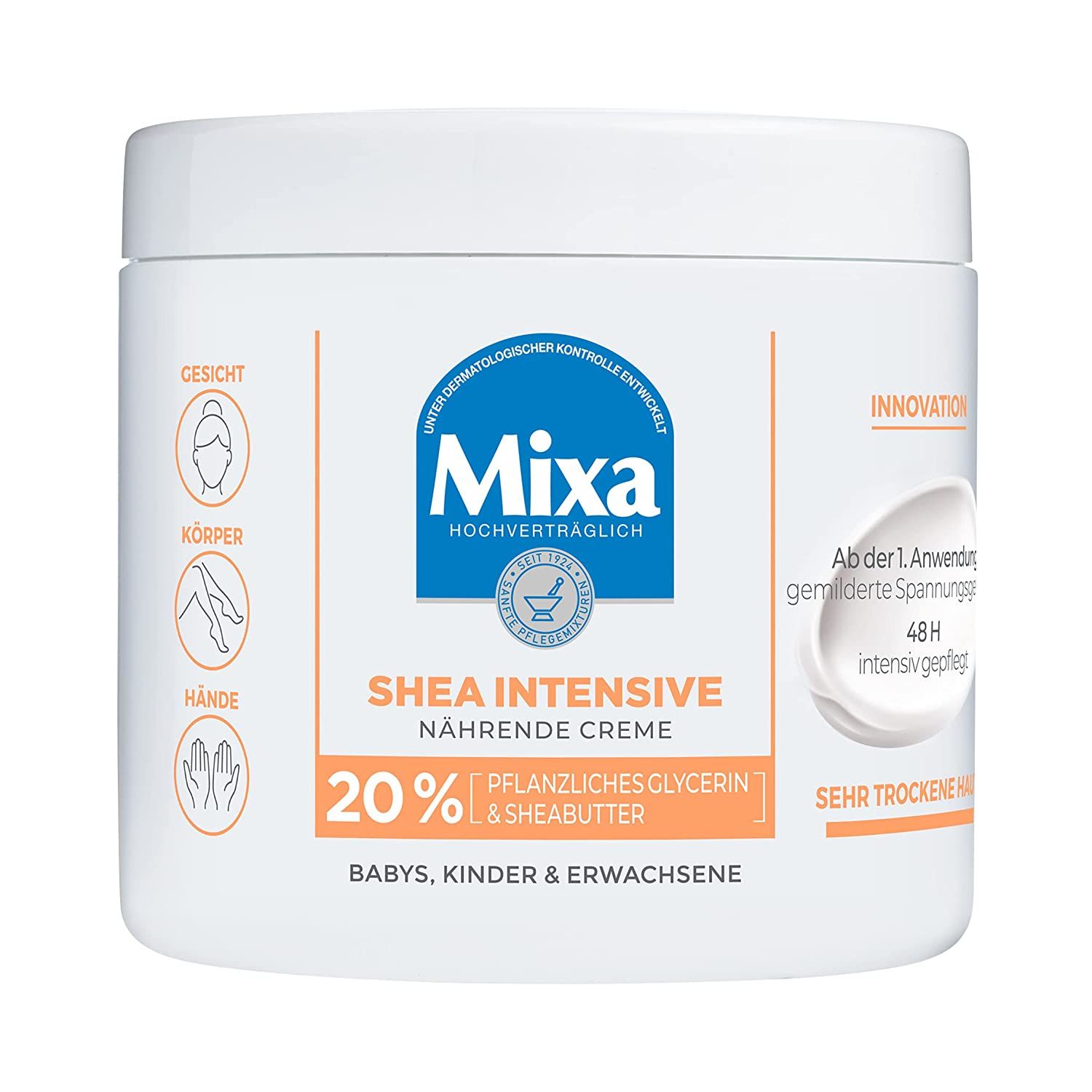 Witte crème pot met Mixa logo en tekst. Bevat 20% plantaardige glycerine en shea butter. Voor zeer droge huid.