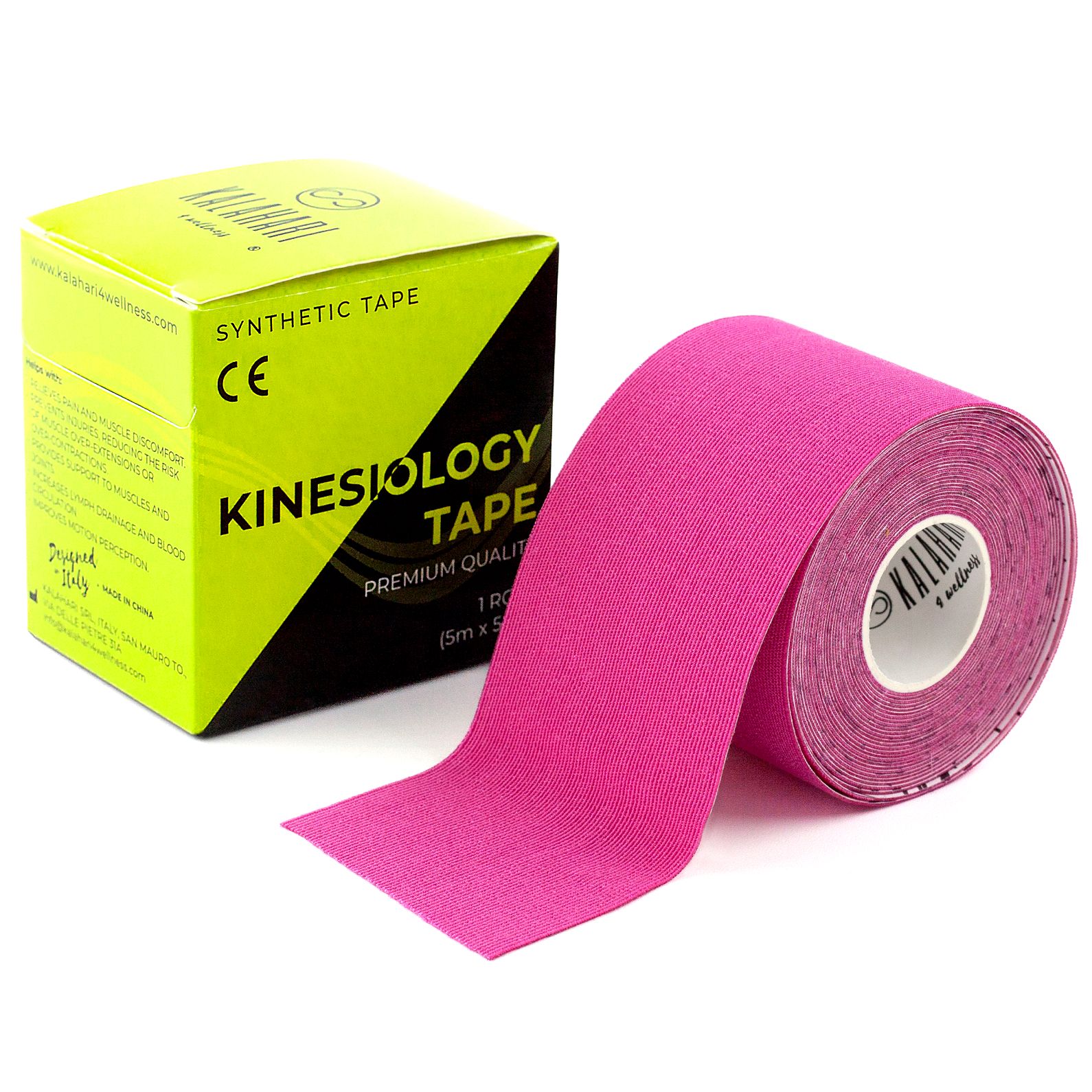 Een rol roze kinesiologietape naast een geopende verpakking met CE-markering.