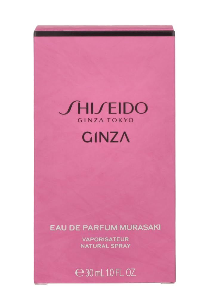 Roze verpakking met witte tekst. Bevat: Shiseido Ginza Tokyo Ginza, Eau de Parfum Murasaki, 30 ml. Natural Spray.