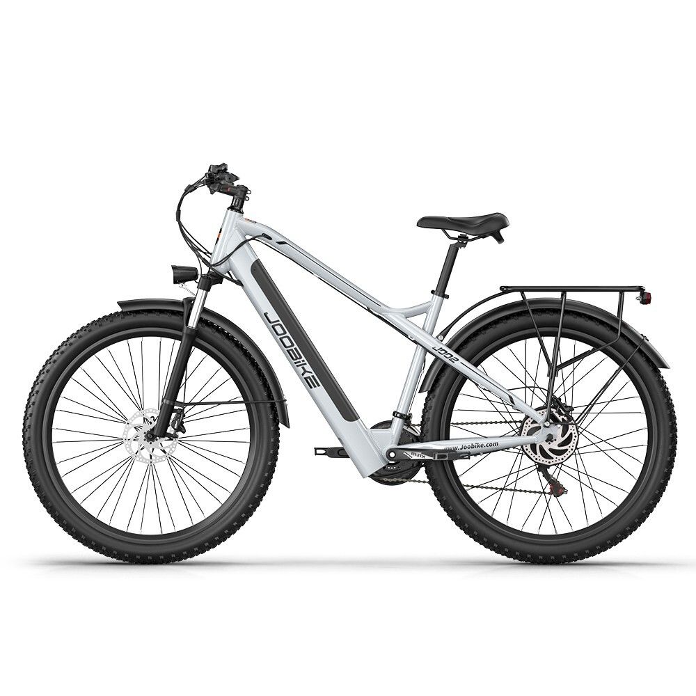 Vélo électrique gris JOOBIKE J002, 29 pouces, pneus tout-terrain, porte-bagages, garde-boue noirs.