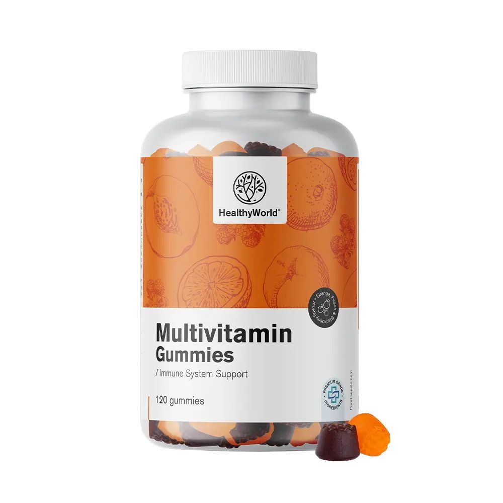 Transparante fles met multivitamine gummies. 120 stuks. Oranje etiket met productinfo en logo.