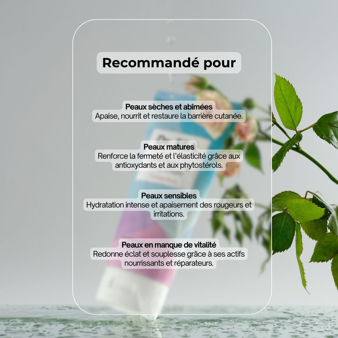 Tube de crème avec texte et diagramme. Inscription : Ultra Hydrating Body Cream, Damask Rose. Marque : Dr. SEA.