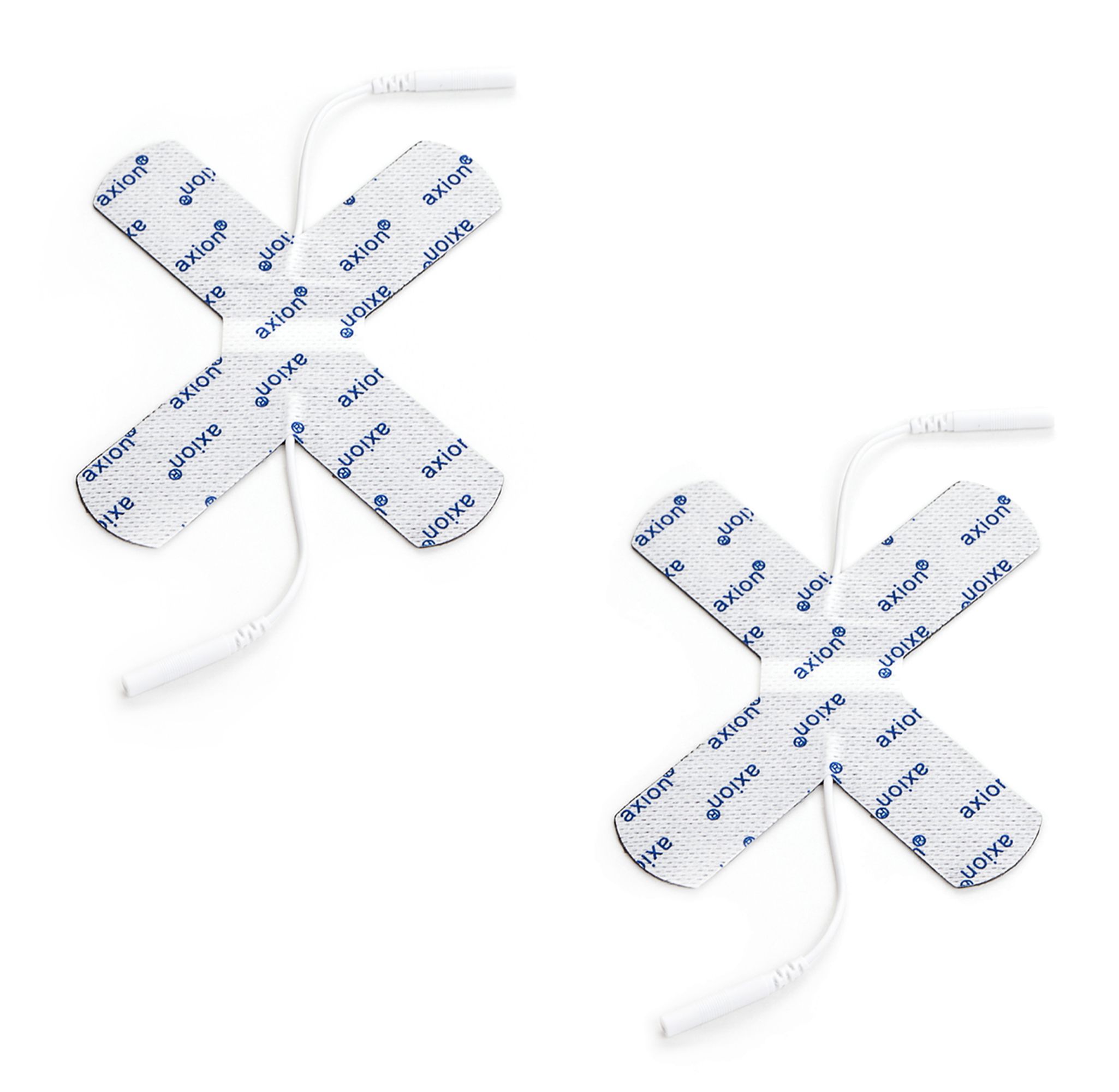 Twee zelfklevende elektroden. X-vorm, wit met blauw axion®-logo. Met kabel en stekker.