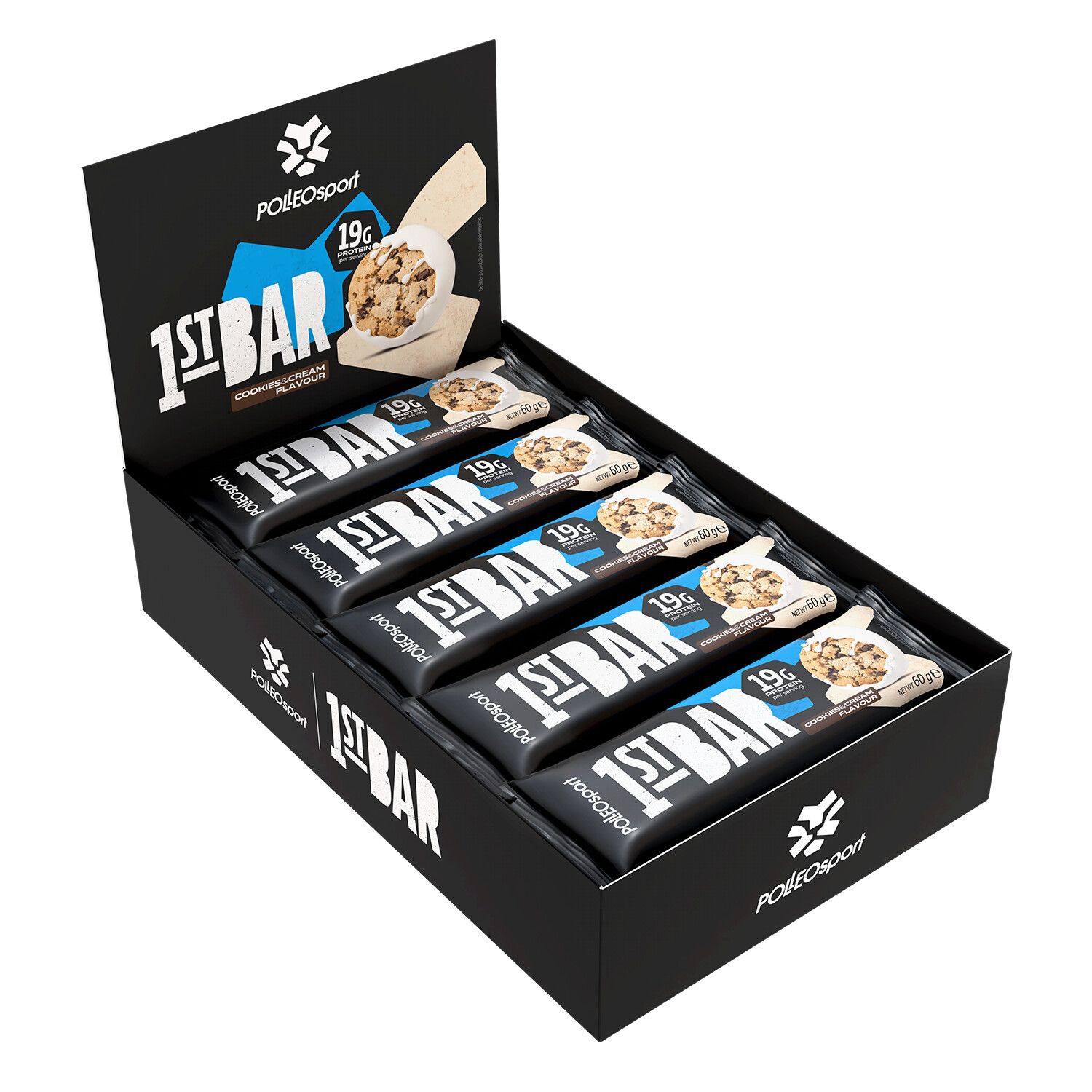 Boîte noire avec plusieurs barres. Texte "1ST BAR". Accents bleus. Image de biscuits et crème. 19g de protéines.