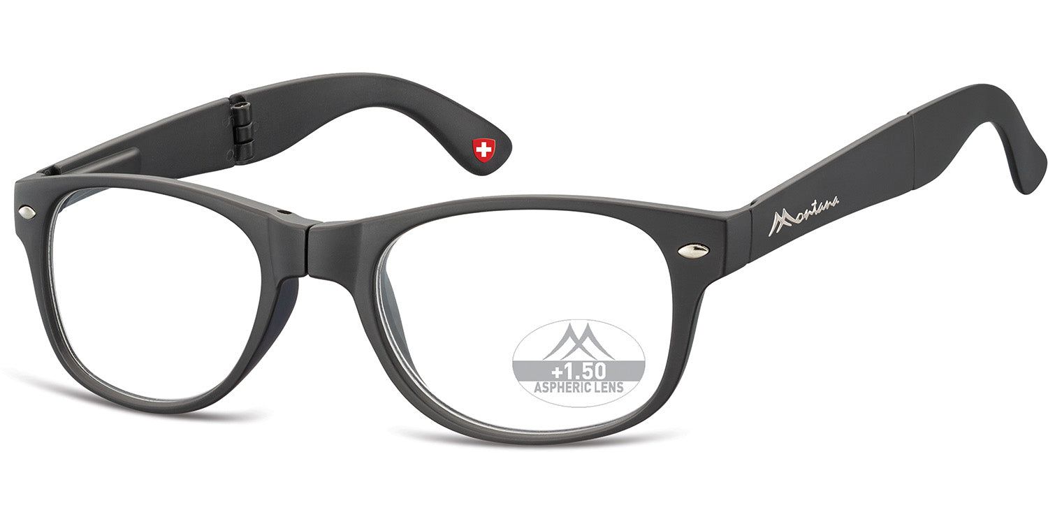 Lunettes de lecture pliables grises, +1.50 dioptries. Logo Montana sur la branche, croix suisse. Verres ronds, monture noire.