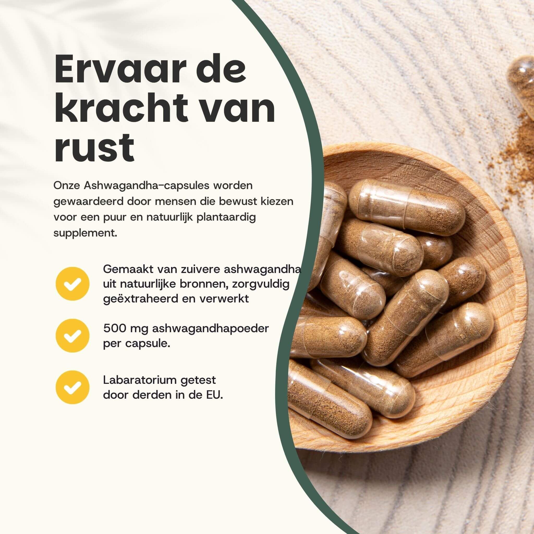 Houten kom met Ashwagandha capsules. Gele markeringen met tekst. Achtergrond met tekst.