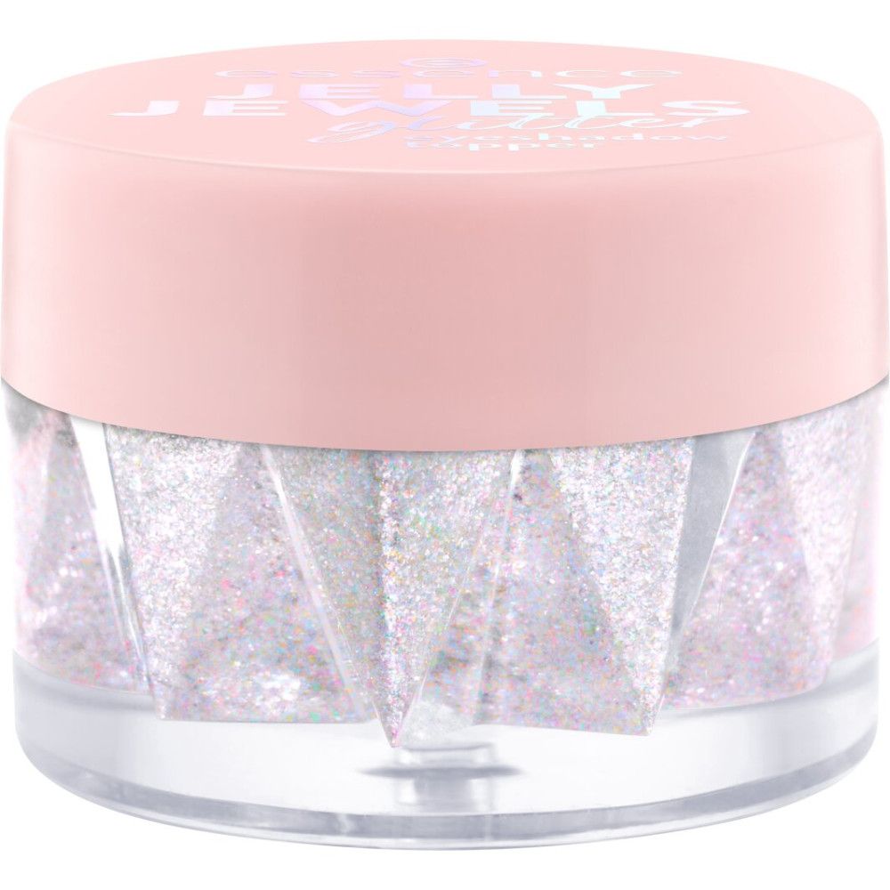 Pot fermé de Jelly Jewels Glitter. Couvercle rose avec texte blanc. Texture scintillante et transparente.