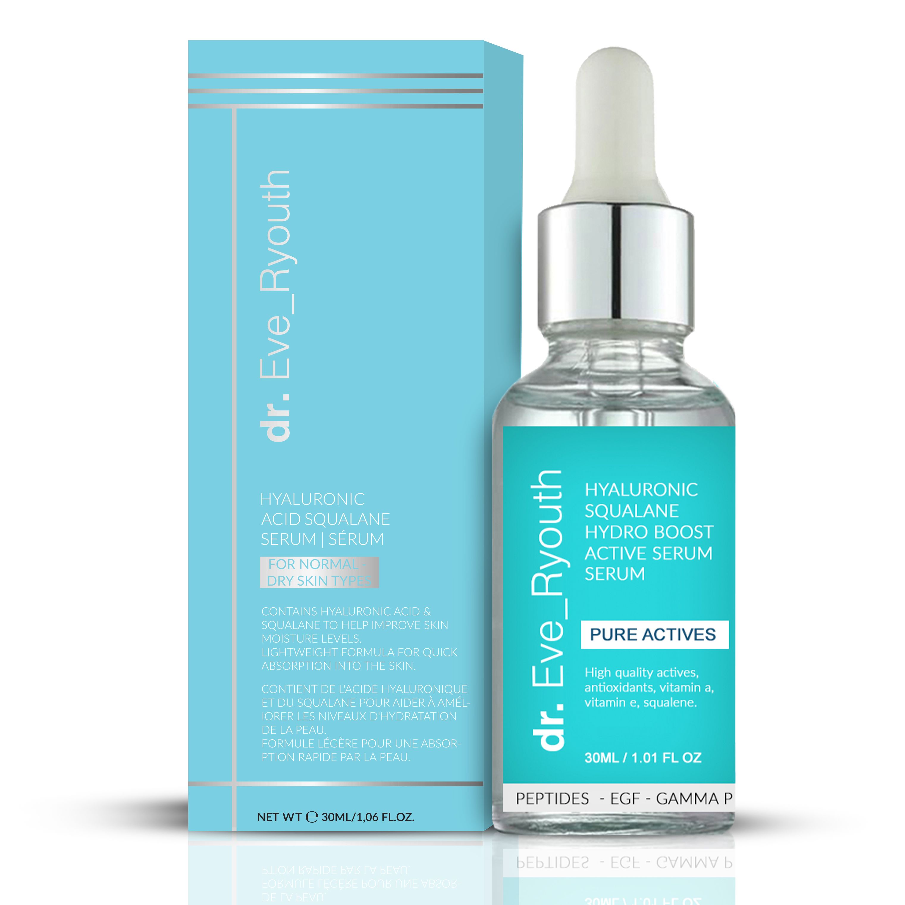 Flacon et emballage bleu clair. Inscription : dr. Eve_Ryouth, sérum Hyaluronique Squalan Hydro Boost. Contient une pipette.
