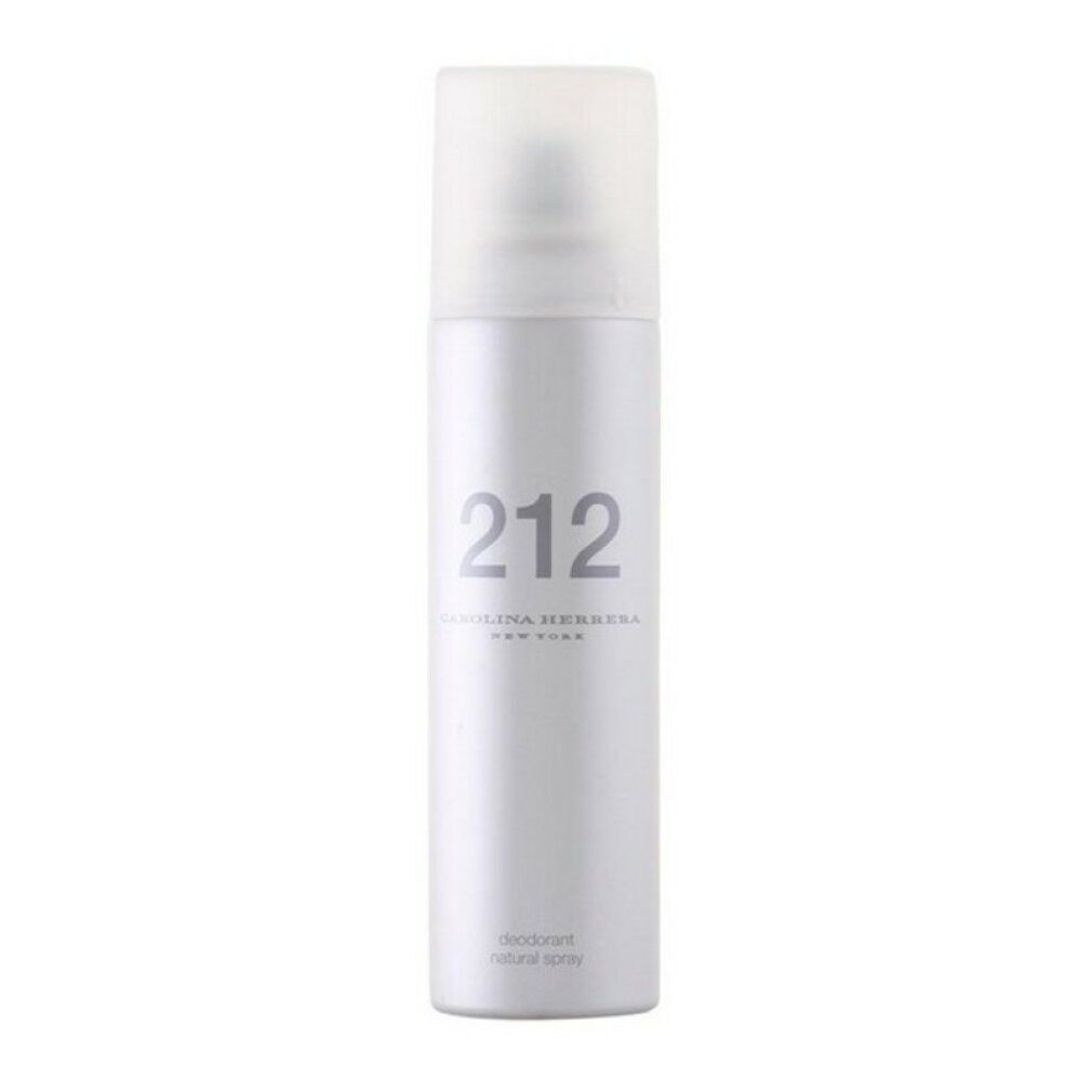 Zilverkleurige deospray met witte dop. Opschrift: 212, Carolina Herrera, Deodorant Natural Spray.