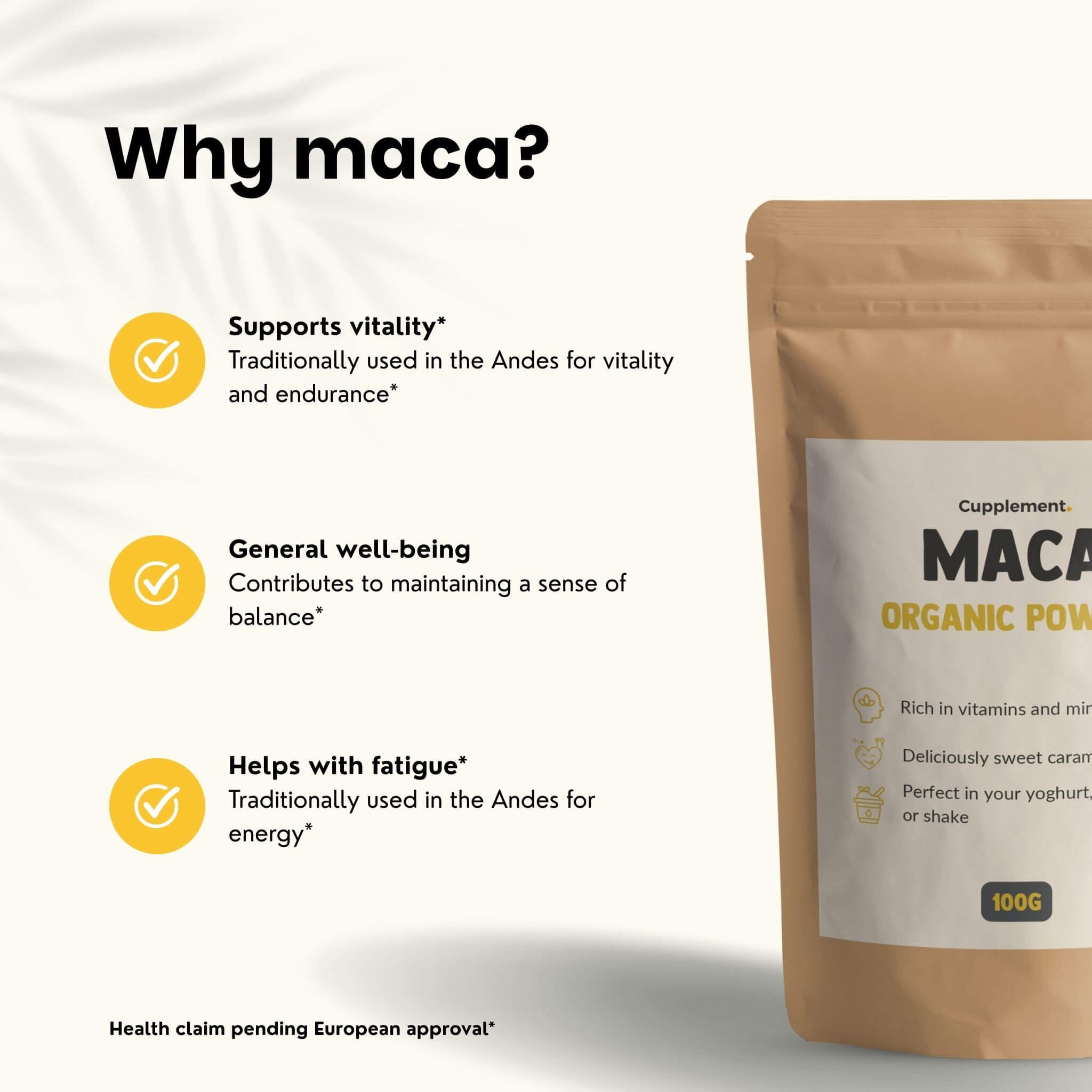 Sachet de poudre de Maca. Texte: Why maca? Soutient la vitalité, le bien-être, aide à la fatigue.