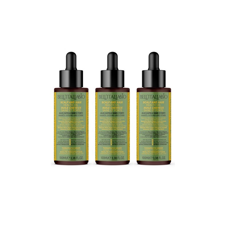 Drie flessen met zwarte dop en etiket. Opschrift: BELTTA LABIO, Scalp and Hair, Huile Cheveux, 100ml.